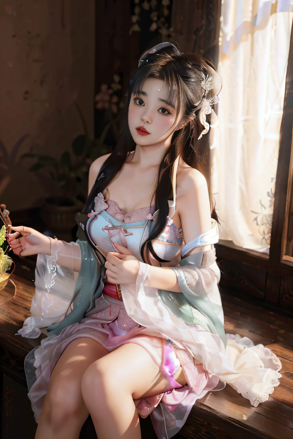 Thin silk lace petticoat v-hanfu royal,princess 8 yeald old cute being marturbate, (huge boobs，cleavage),petticoat, white pink, blue ，best qualtiy，tmasterpiece，超高分辨率，（真实感：1.4），RAW photogr，（True skin texture：1.3），（filmgrain：1.3），（Selfie angle），1个Giant Breast Girl，Beautiful eye and face details，tmasterpiece，Best quality at best，exposing thighs，Bigchest and bip ，The chest is more exposed， detailed hair，above looking down facing at camera,short dressPrincess Eyes,Super big eyes,Detailed face,shiny pupils, randome color, dress short, , thin silk fabric wet body, thin silk fabric lace petticoat, short dress pink