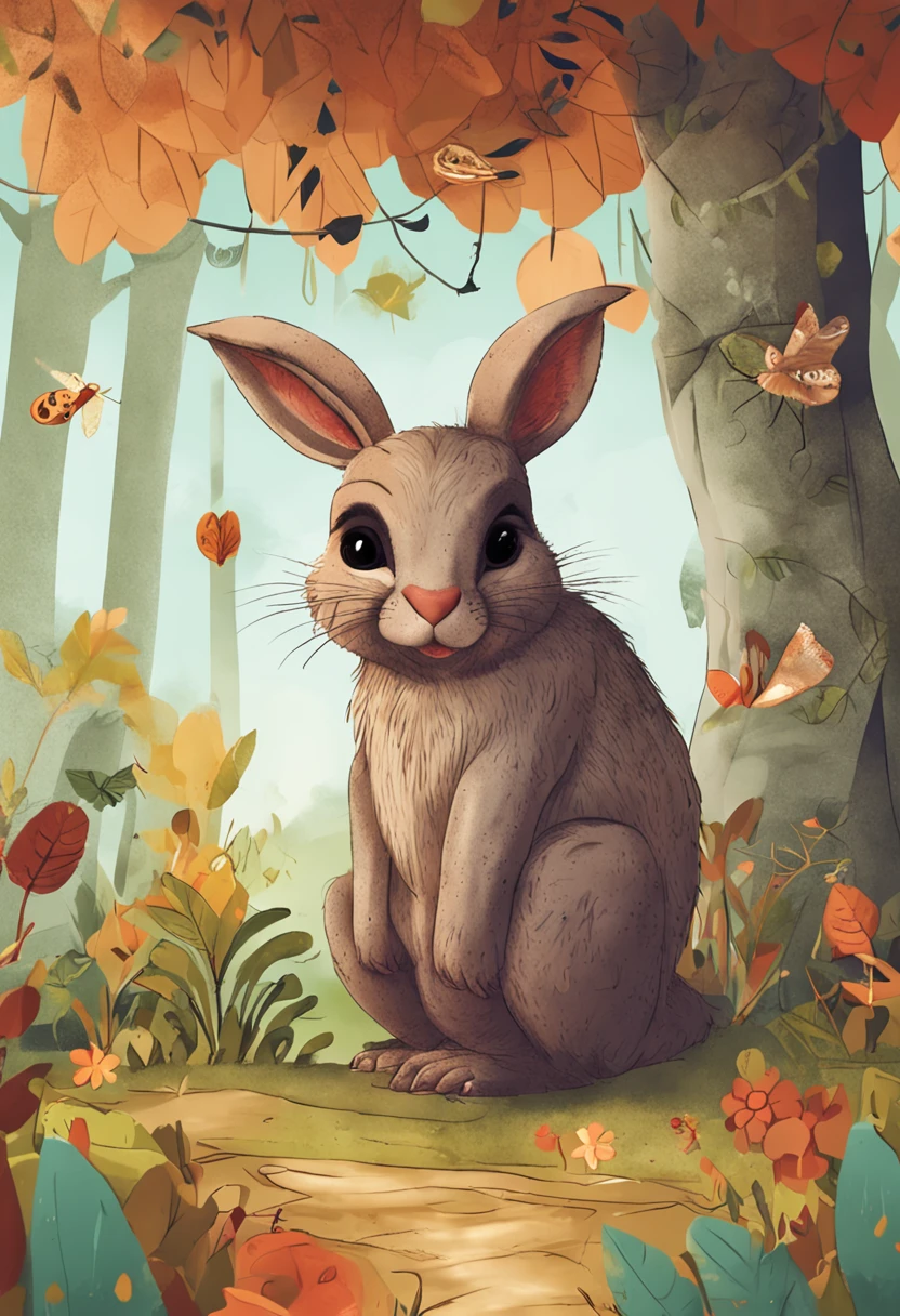 estilo infantil, livro infantil, um coelho, uma raposa, um esquilo e uma coruja, em uma floresta