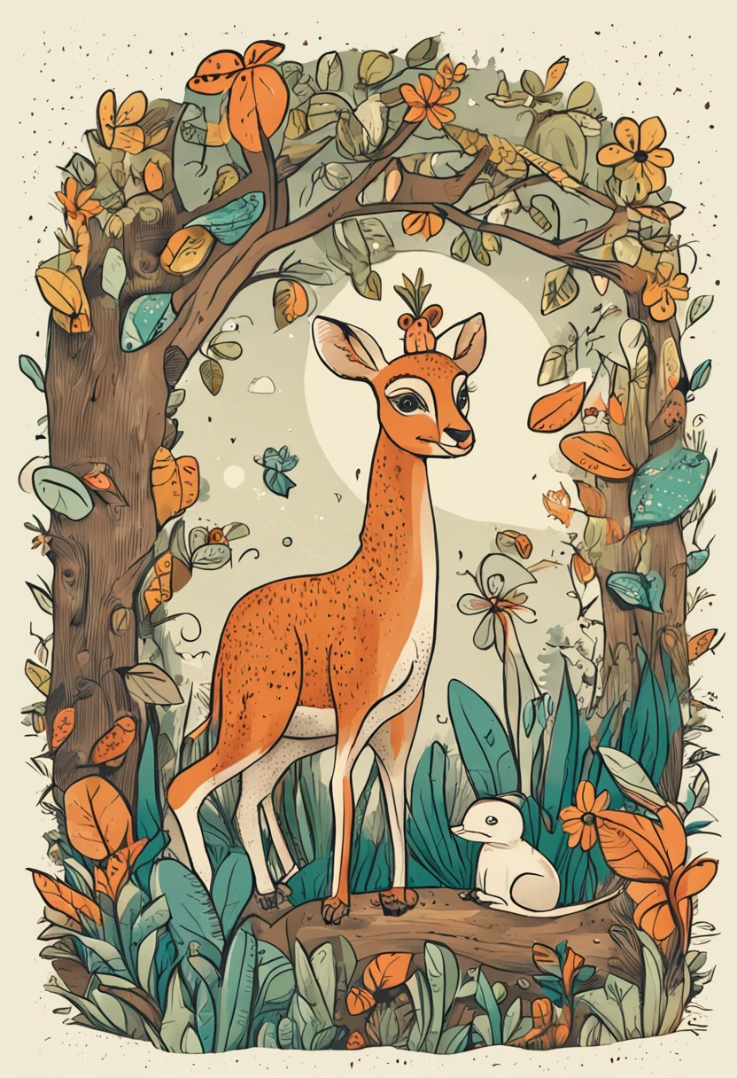 estilo infantil, livro infantil, um coelho, uma raposa, um esquilo e uma coruja, em uma floresta