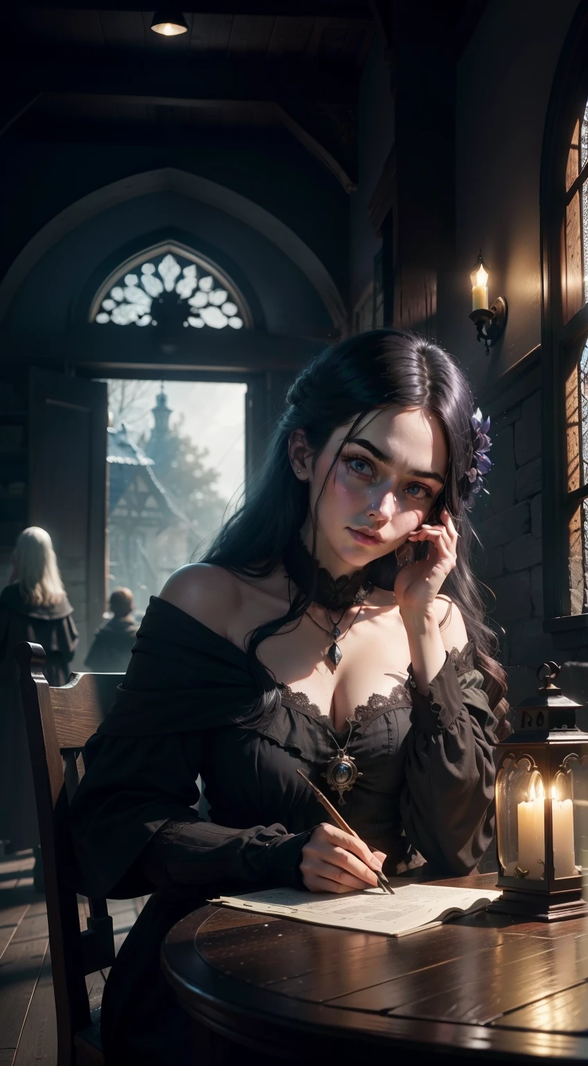 European witches in the Middle Ages,Sit on an old-fashioned wooden chair,Gloomy face,Fierce eyes,The hand kept touching the black crow,The crow's mouth is exaggerated,Elevation viewing angle,Indoor oil lamp,Dimly lit medieval room style,the night,Moonlight shone through the windows,(light and shadow effect),(Depth of field effect),(Tyndall),(Light particle tracing),(CG),(Cinematic lighting visuals),(Volumetriclighting),(Unreal 5),(cinema4d),(vivd colour),(Obvious layers),(Photography Award),(8k wallpaper),(Masterpiece),(best qualtiy), photorealestic,realisticlying