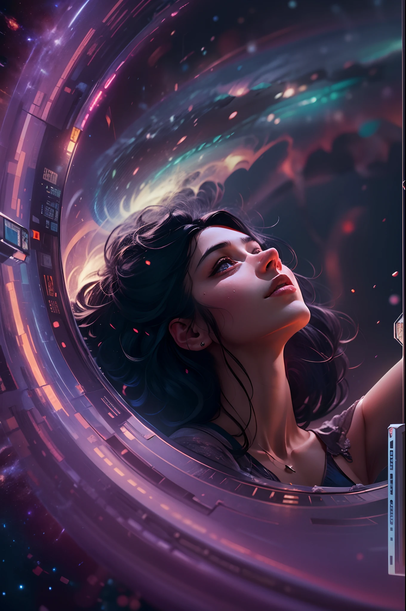 portrait of a black-haired young woman in zero gravity, the backdrop of the milky way and a supermassive black hole as background