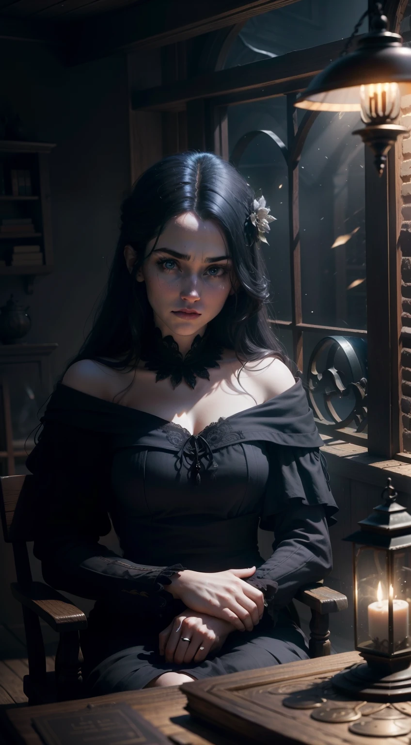 European witches in the Middle Ages,Sit on an old-fashioned wooden chair,Gloomy face,Fierce eyes,The hand kept touching the black crow,The crow's mouth is exaggerated,Elevation viewing angle,Indoor oil lamp,Dimly lit medieval room style,the night,Moonlight shone through the windows,(light and shadow effect),(Depth of field effect),(Tyndall),(Light particle tracing),(CG),(Cinematic lighting visuals),(Volumetriclighting),(Unreal 5),(cinema4d),(vivd colour),(Obvious layers),(Photography Award),(8k wallpaper),(Masterpiece),(best qualtiy), photorealestic,realisticlying