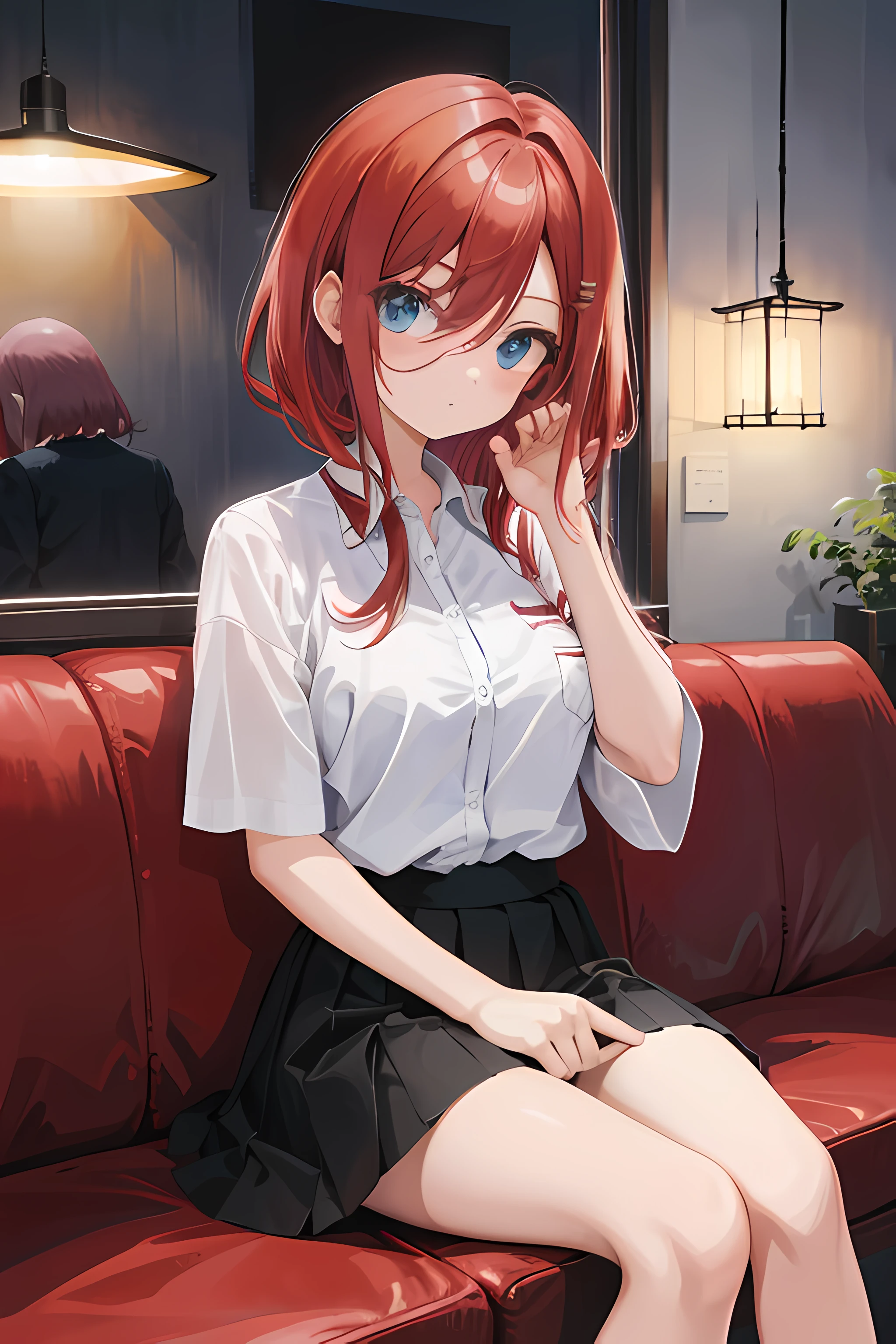 master part, best quality, finamente detalhado, 1girl, (red hair), (Bishoujo), fofo, (olhos alaranjados), (Cilia), (Seios enormes), (decote), (camisa branca: 1.2), (camisa aberta), seated in a couch, lamplight, janela, Noite, design de interiores delicado, Makima, menina do cabelo vermelho