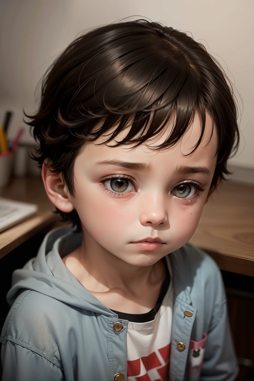 eight year old boy with brown hair, whole body, seated, bottom bedroom