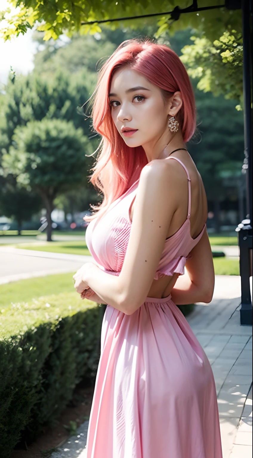(Upper body), (18 years old girl), big breast, pink hair, summer dress, in the park