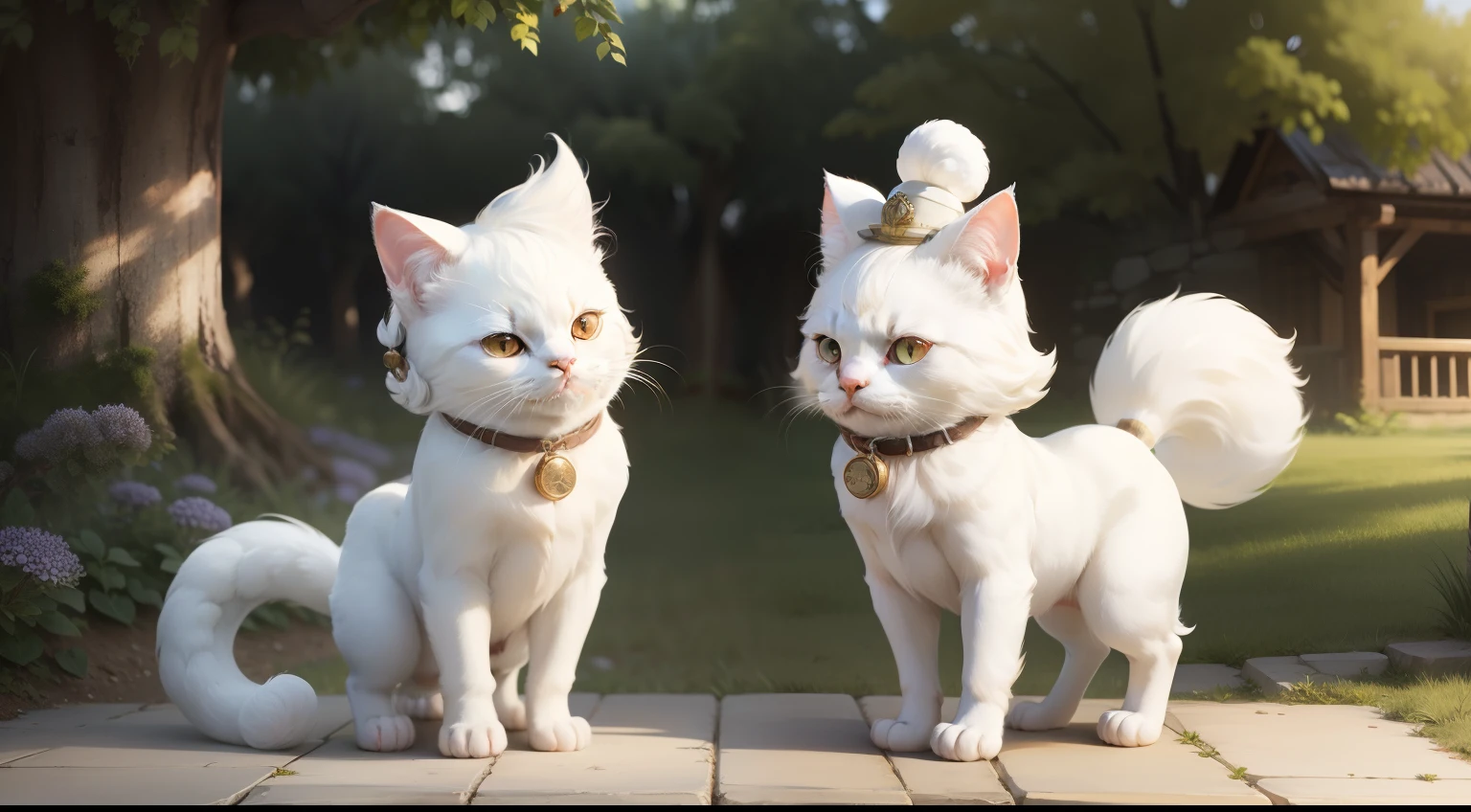 Cute white-fur cat standing anthropomorphic, With a hat, The tail is cocked, white hair, hime cut, forehead protector, high detail, Luminism, En plein air, three sided view, reference sheet, character chart, best quality, best quality, 1080P