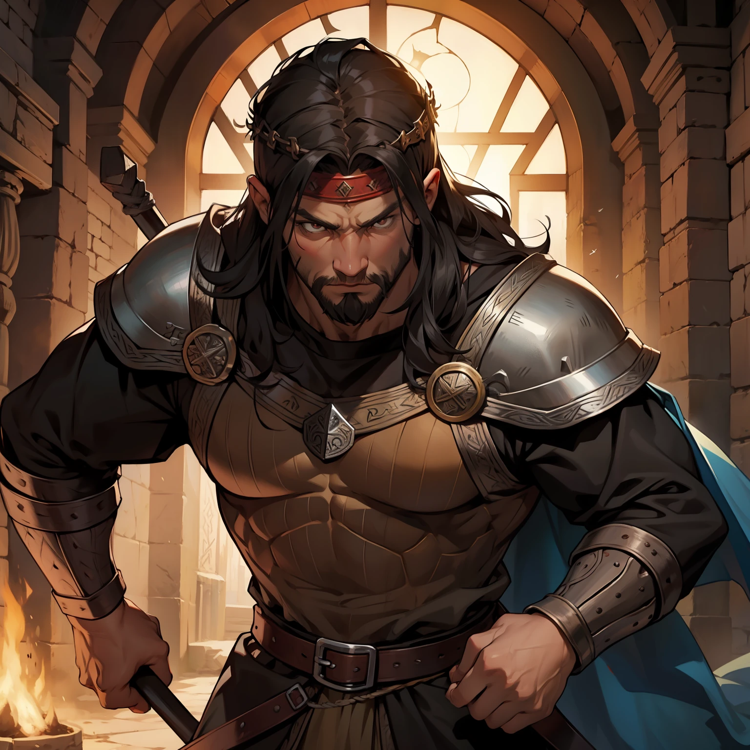 Viking Man. Berserker Man. Medieval art. Brown Eyes. Long Black Hair. King