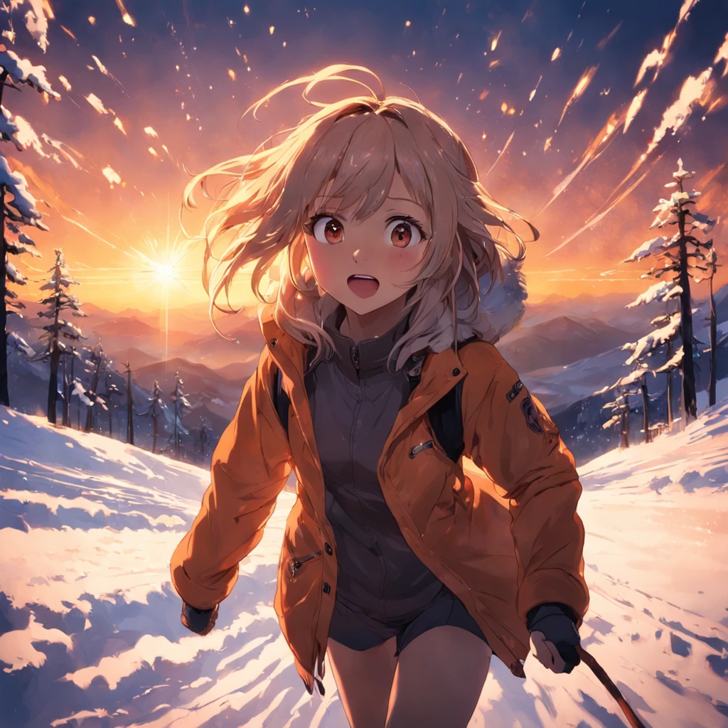 obra-prima, melhor qualidade, filme ainda, 1girl, garota, escalando uma montanha no inverno, close-up, brilhante, feliz, Soft lighting and Warm, sun sunset, (Sparks: 0,7)