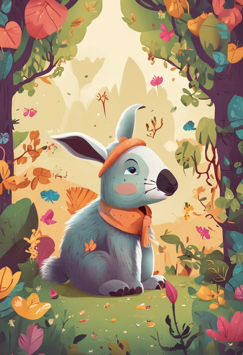 estilo infantil, livro infantil, um coelho, uma raposa, um esquilo e uma coruja, em uma floresta, bonita, alegre, divertida