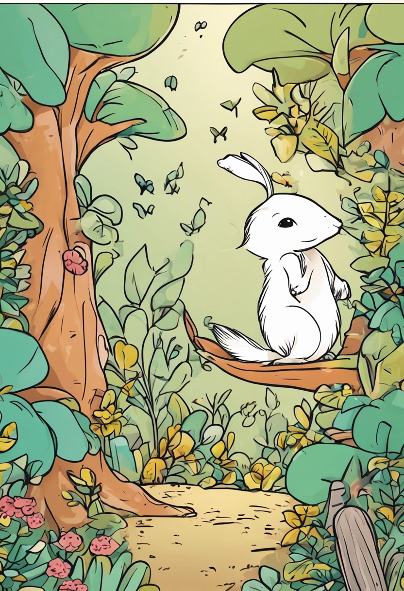 estilo infantil, livro infantil, um coelho, uma raposa, um esquilo e uma coruja, em uma floresta, bonita, alegre, divertida