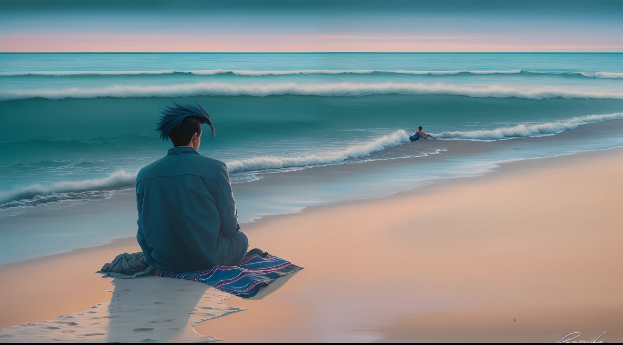 "a melancholic young man sitting alone on the beach at dawn, with dark blue hair, embodying the essence of Color Field painting, showcasing intricate detail and conceptual artistry, imbued with a touch of blurriness."