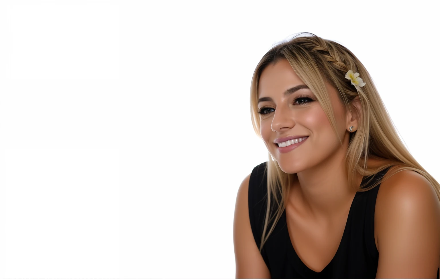 Blonde woman with long hair smiling and looking at the camera, retrato headshot, fotografia headshot, ( Aquarela \(medium\), IrisCompiet:1.2),Resumo Antecedentes, fantasia, muitas cores, colorido, flower petals, vento soprando,master part, best quality, (extremamente detalhado CG unidade 8k papel de parede), (best quality), (best illustration), (Melhor sombra), absurdos, realistic lighting, (abismo), Belo brilho detalhado,rosto claro, fundo branco limpo, master part, Super Detalhe, Epic composition, Ultra HD |, alta qualidade, extremamente detalhado, Arte Oficial, papel de parede uniforme 8k, Super Detalhe, 32k -- em 6, 3 / 4 ver retrato