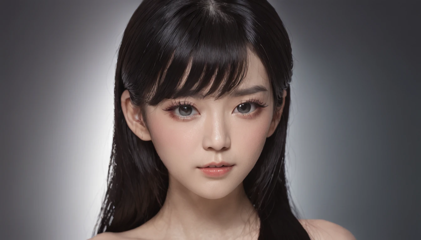 Black hair, Broken hair in front of one ear, hair one side up, low-tied long hair, figure eight bangs, Beauty Tip, Hairpins, Moles under the mouth, butterfly hair ornaments, Gradient pupil color, Upturned eyes, Lips slightly open, Lick lip, contempt eyes, Seductive smile,Provocative expressions, anime big breast, Cinematic lighting, Chiaroscuro, Standing painting style, projected inset, Close-up, hyper HD, Textured skin