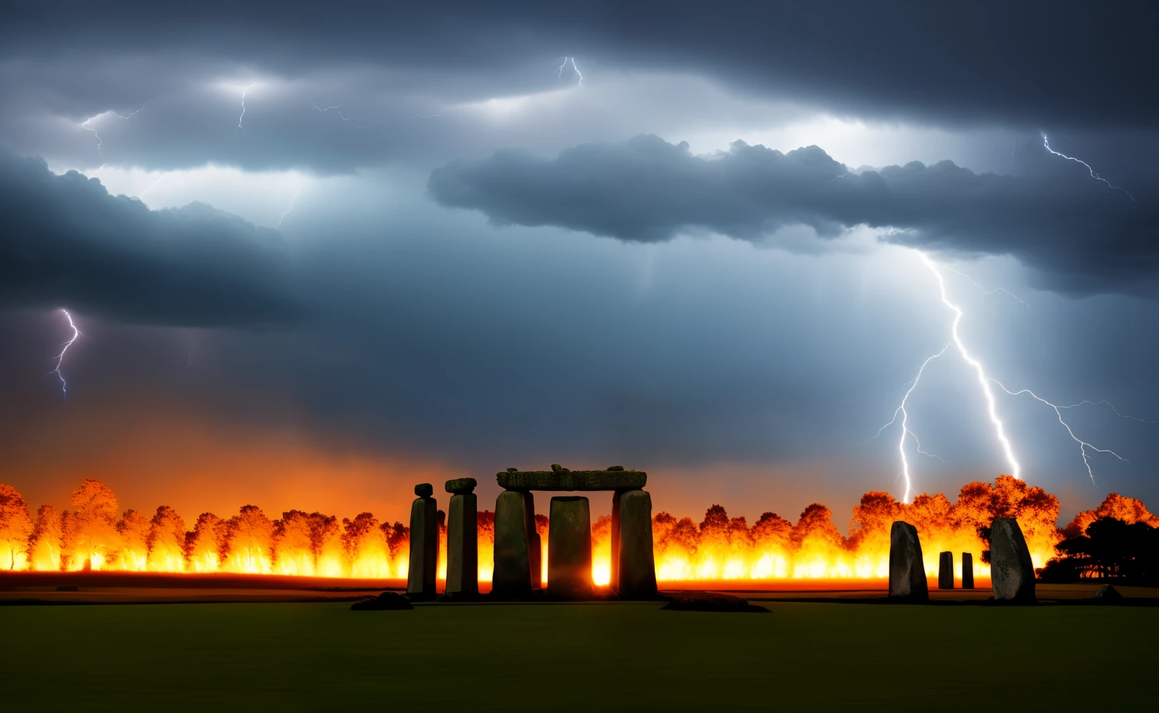 Illustration of a storm with lightning and thunder on the stones of Stonehenge. Espelhos ao lado das pedras. Ao fundo, trees burning with lightning.