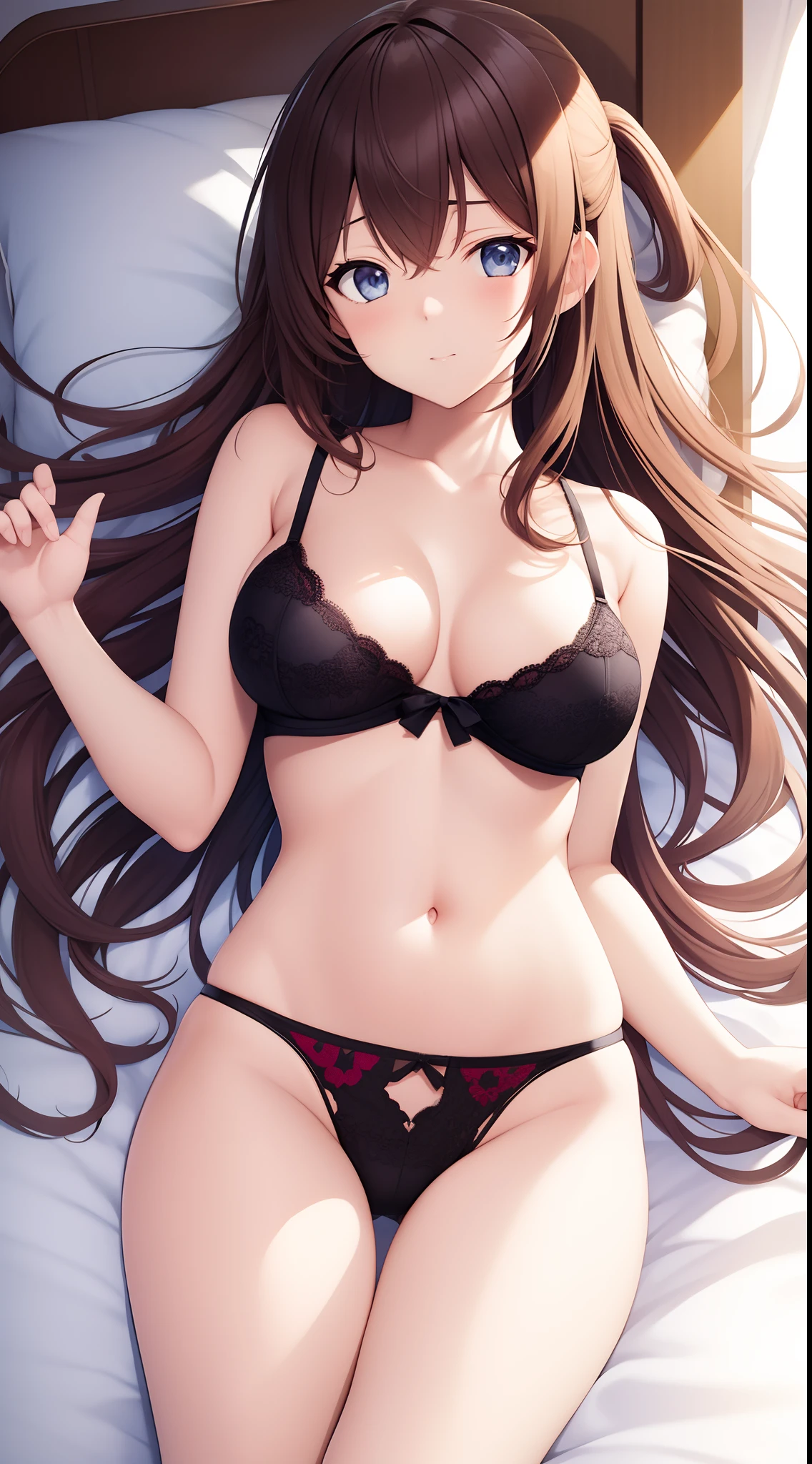 masutepiece、hight resolution、1girl in、in one's underwear only、Cute lingerie、large full breasts、Lying on your back in bed、Cute anime illustration、
