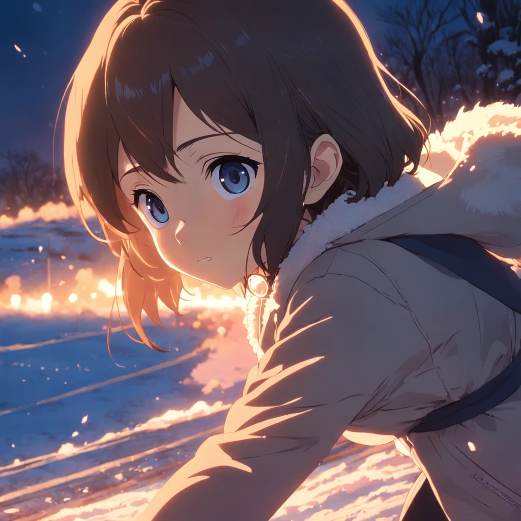 obra-prima, melhor qualidade, filme ainda, 1girl, garota, escalando uma montanha no inverno, close-up, brilhante, feliz, Soft lighting and Warm, sun sunset, estilo de makoto shinkai, (Sparks: 0,7)