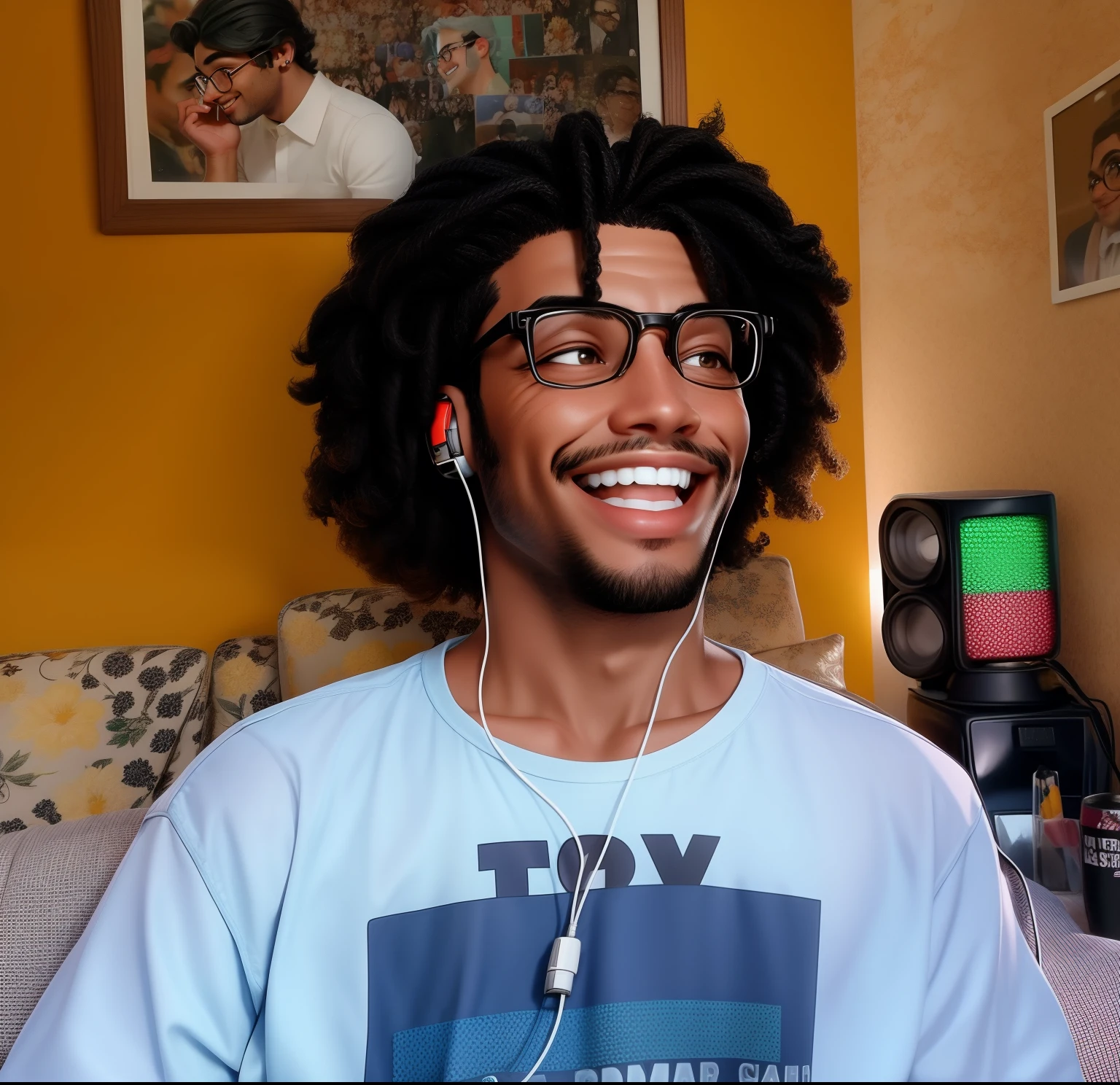 Smiling man with headphones and glasses sitting on a couch, brincando de camisa rindo, No estilo de Tyler Mitchell, suave em _ O pano de fundo, Streamer do Twitch / Jogador Ludwig, taken in the early 2020s, foto de perfil 1024px, he's smiling, um homem negro com longos cabelos cacheados, sorriso insano, foto de perfil headshot, sorrindo rindo