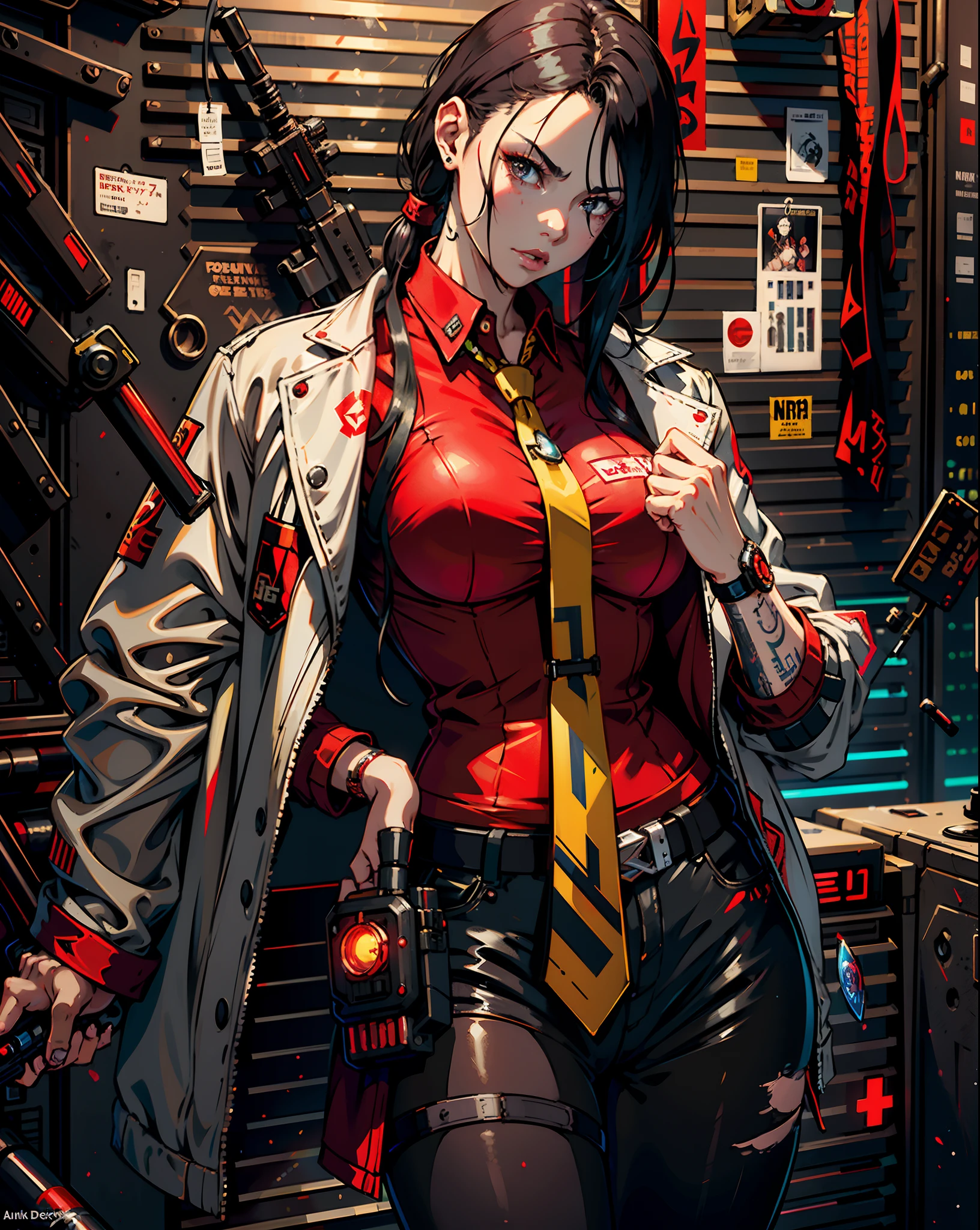 there is a woman in a red shirt and tie holding a gun, wojtek fus, cyberpunk judy alvarez, cyberpunk dark fantasy art, cyberpunk jackie welles, cyberpunk 2 0 y. o model girl, cyberpunk anime art, digital cyberpunk anime art, anime cyberpunk art, cyberpunk anime girl, female cyberpunk anime girl, cyberpunk femme fatale, cyberpunk character art