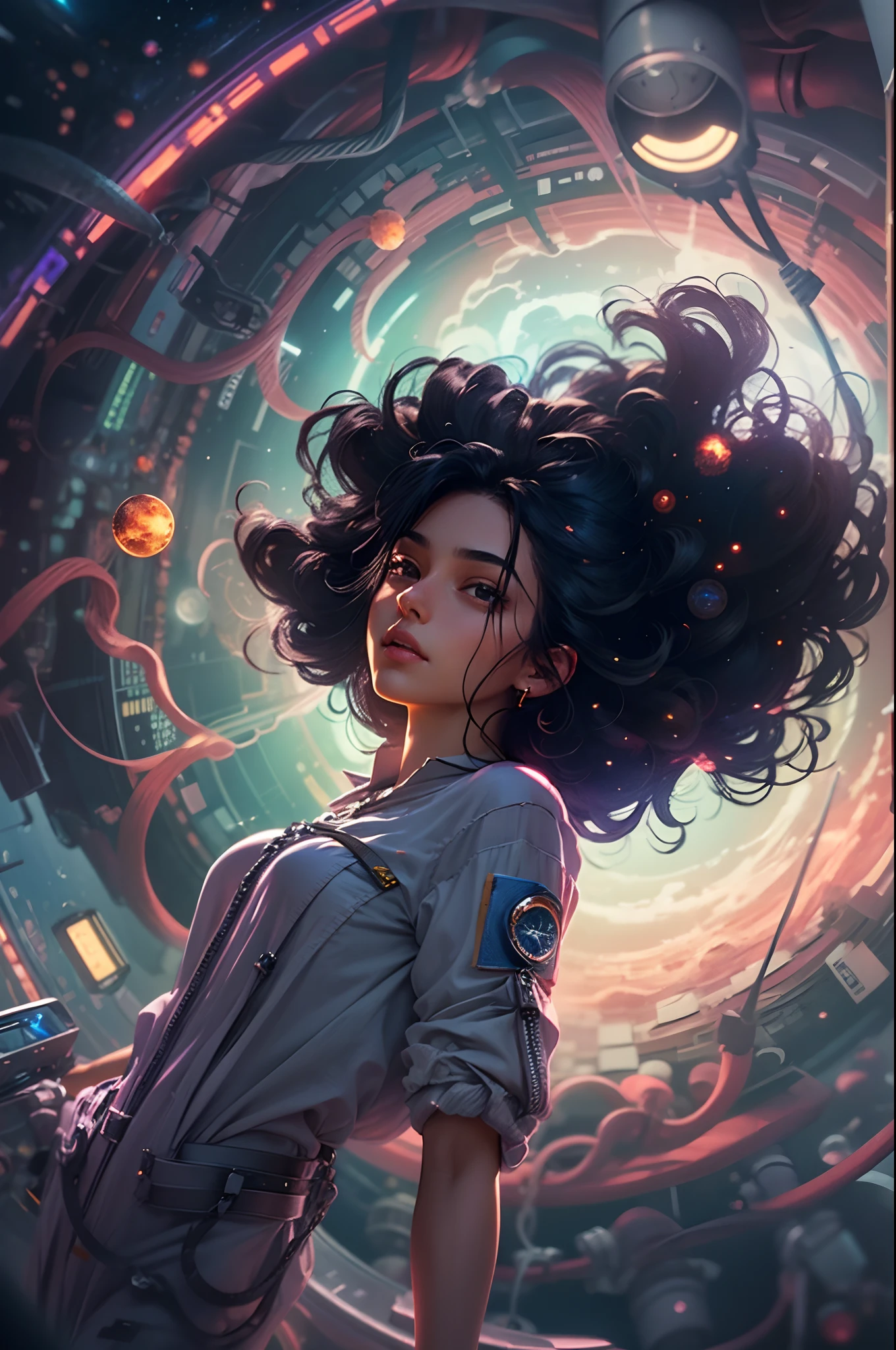 portrait of a black-haired young woman in zero gravity, the backdrop of the milky way and a supermassive black hole as background
