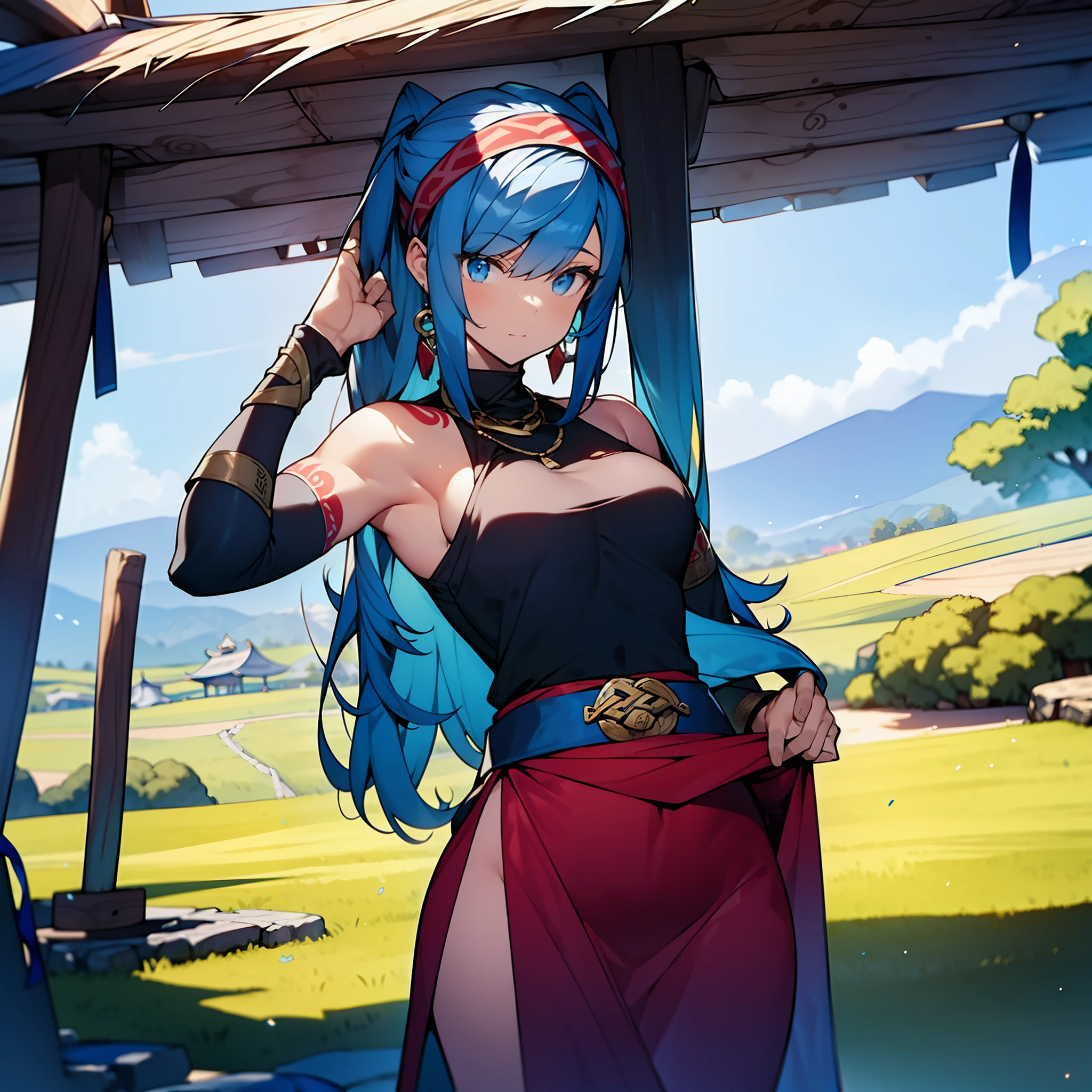 (obra maestra) (La mejor calidad) Un legendario y hermoso guerrero vikingo lleva un hacha impresionante y un gran escudo redondo. She is in an open-air temple in a clearing............., Windy day. Ella es muy hermosa, algo musculoso, wearing runic tattoos all over his body. (((only one Women))) ((pechos grandes))