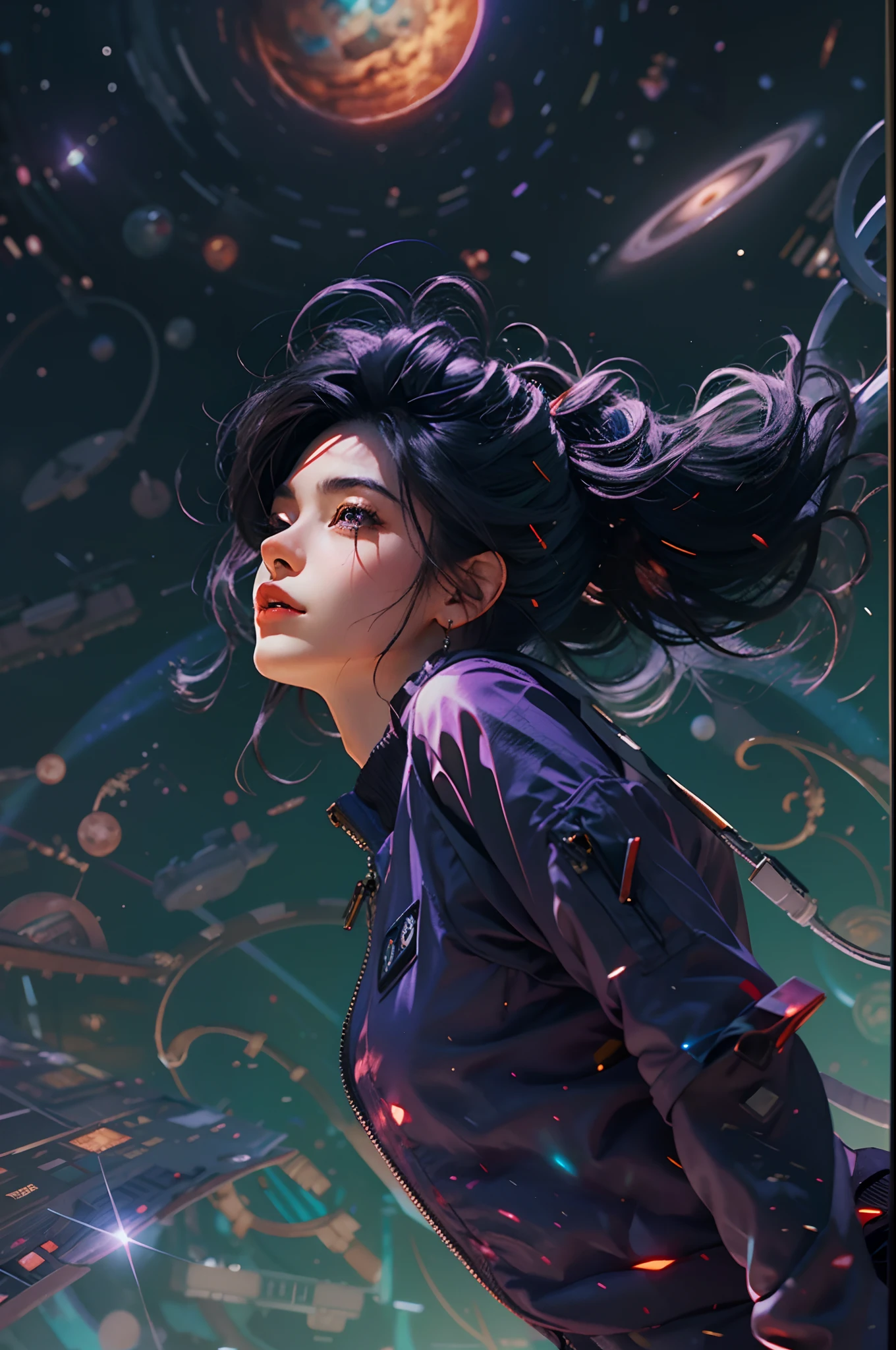 portrait of a black-haired young woman in zero gravity, the backdrop of the milky way and a supermassive black hole as background