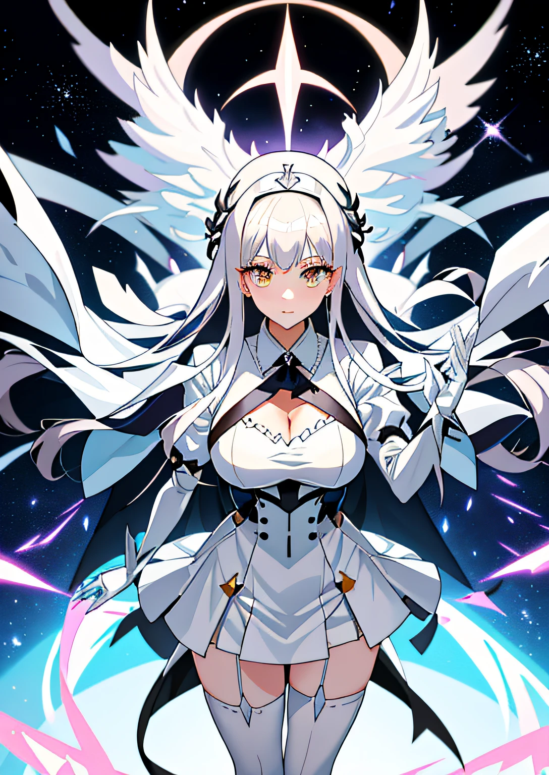 Anime - Style illustration of woman in white dress and man in white suit, Albedo from Overlord, anime big breast《kingpin》Albedo in , albedo texture, Albedo, anime barbie in white stockings, shalltear from overlord, 《azur lane》role, black-white skintight robes!, gothic maiden anime girl