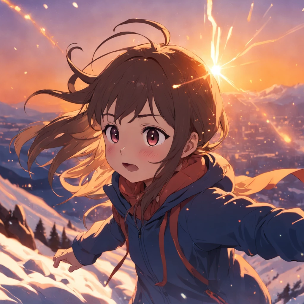 obra-prima, melhor qualidade, filme ainda, 1girl, garota, escalando uma montanha no inverno, close-up, brilhante, feliz, Soft lighting and Warm, sun sunset, (Sparks: 0,7)