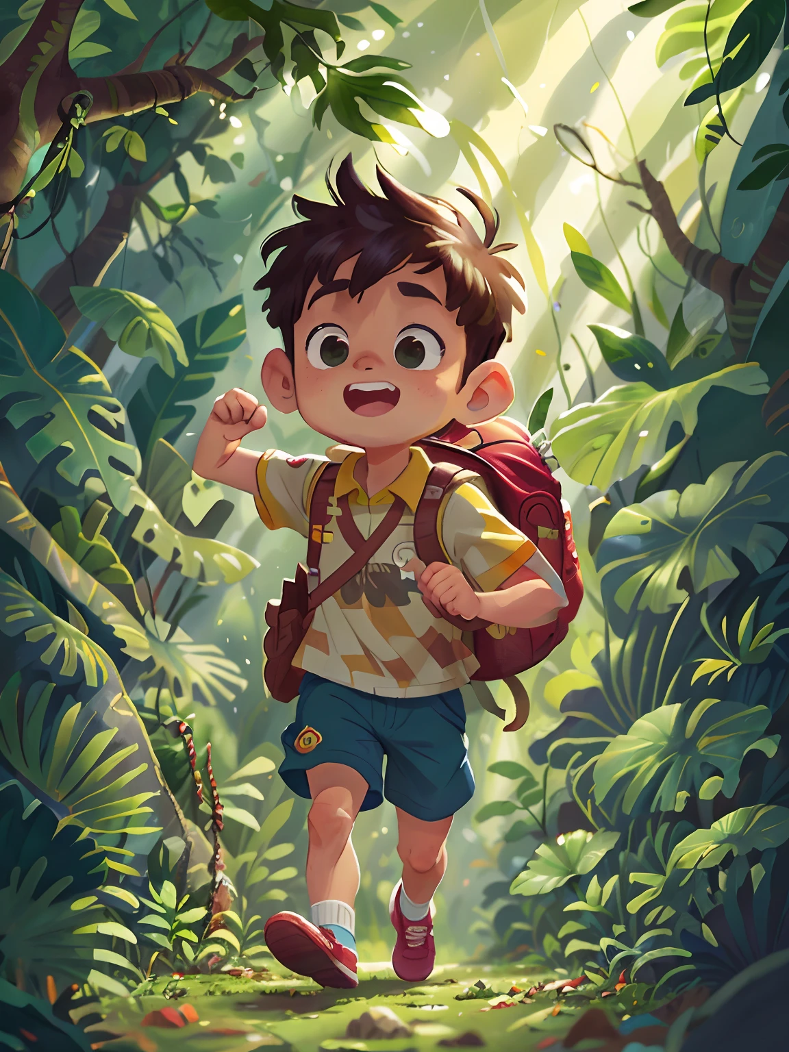 A 6--old  is running in a jungle, com plantas, is wearing Boy Scout clothes and a backpack, is happy, aventureiro, qualidade perfeita, jungle floor, Rochas, e tem foco claro (mess - jungle: 0.8), (master part: 1.2) (Realistic: 1.2) (Bokeh) (melhor qualidade) (pele detalhada: 1.3) (detalhes intrincados) (8k) (detalhe do olho) (foco nítido), estilo livro infantil