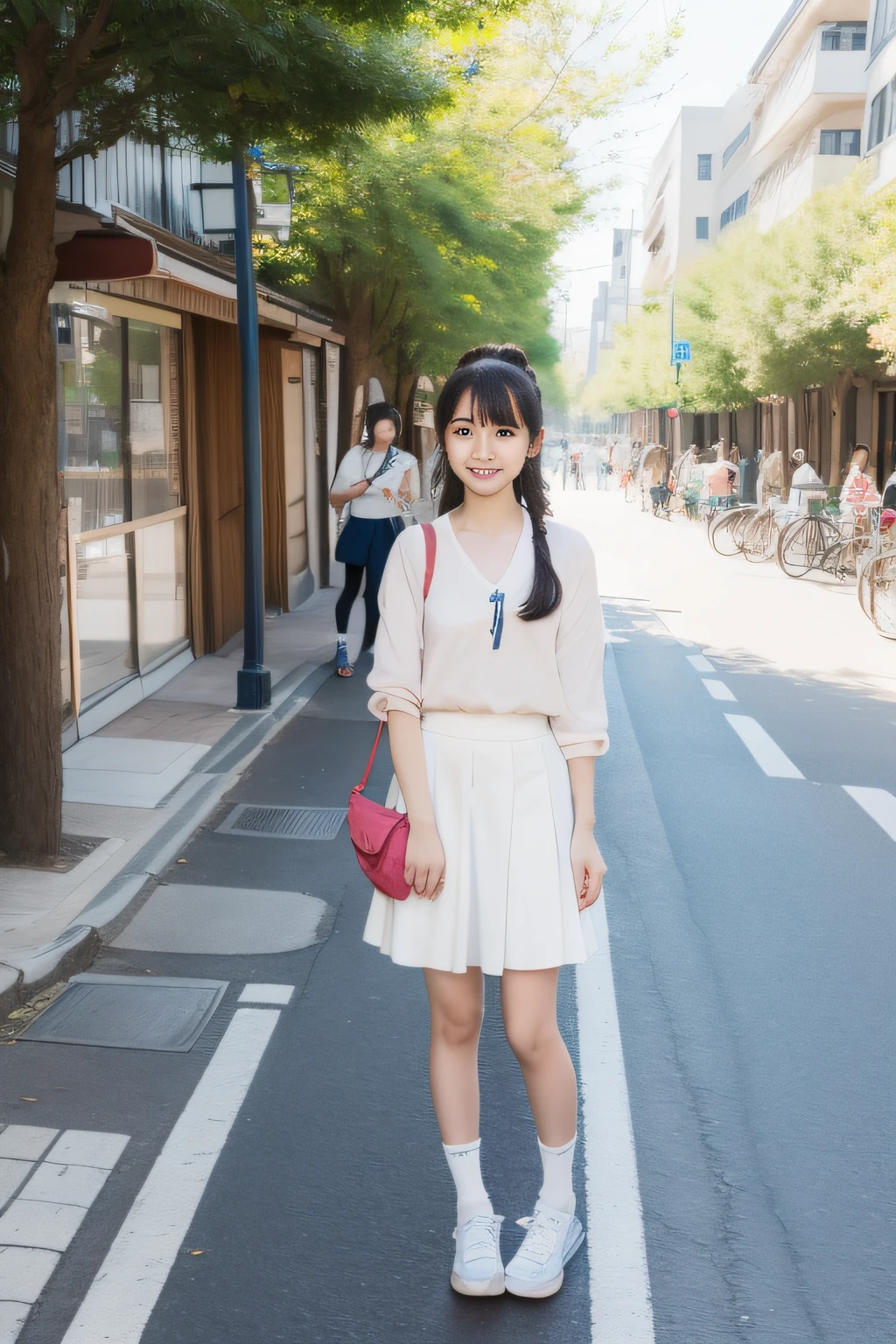 (Best Quality,8ｋ,Absolutely beautiful:1.2),(cute Japanese girls:1.6、Pure actress),student clothes、18year old、pavement、Street Trees、Refreshing weather、Idyllic atmosphere、