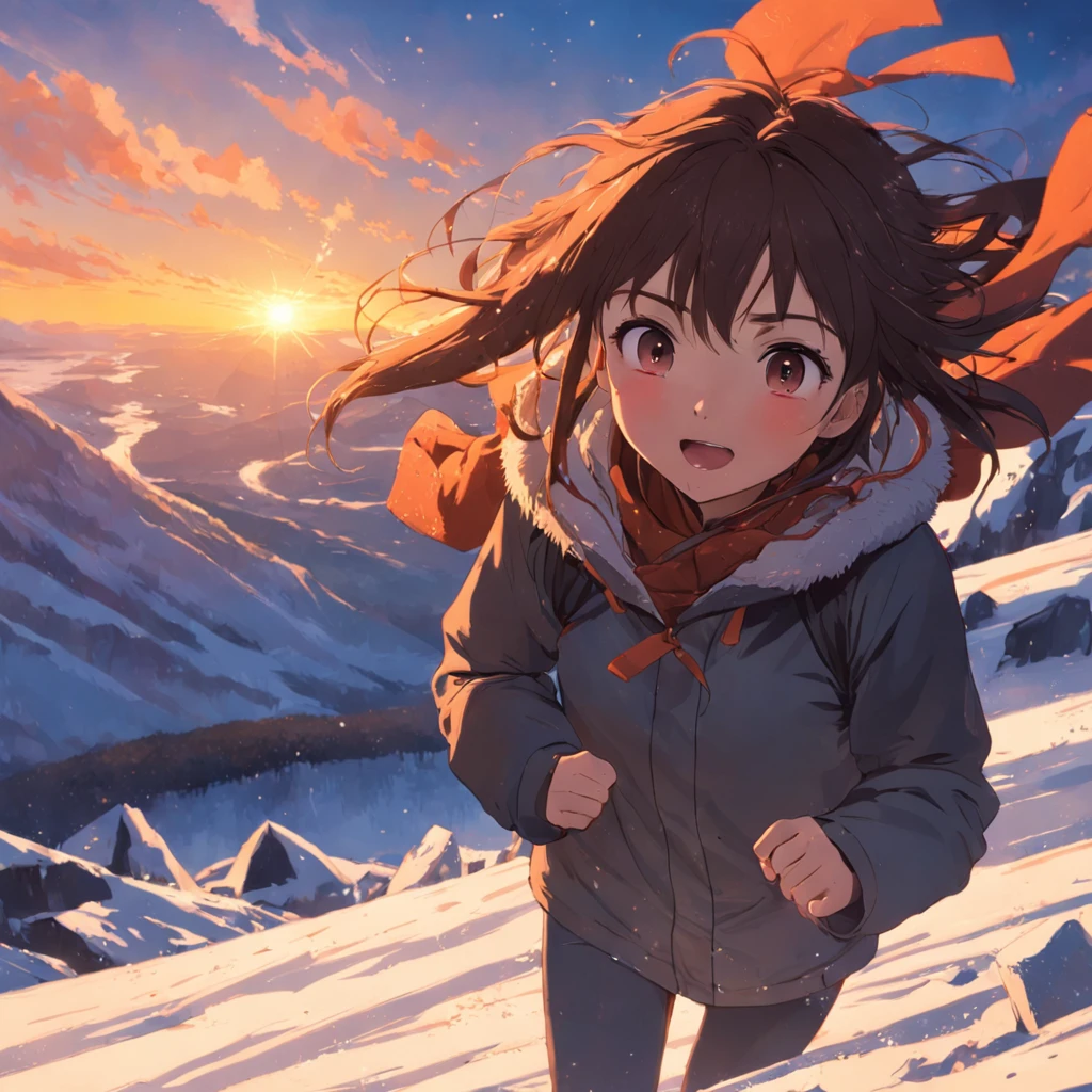 obra-prima, melhor qualidade, filme ainda, 1girl, garota, escalando uma montanha no inverno, close-up, profundidade, brilhante, feliz, Soft lighting and Warm, sun sunset, (Sparks: 0,7)