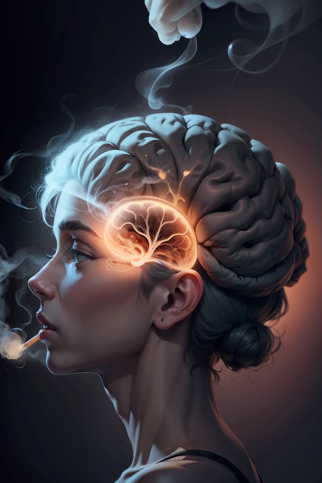 Sketch of a male human brain with a cigarette image in the background at 8K.