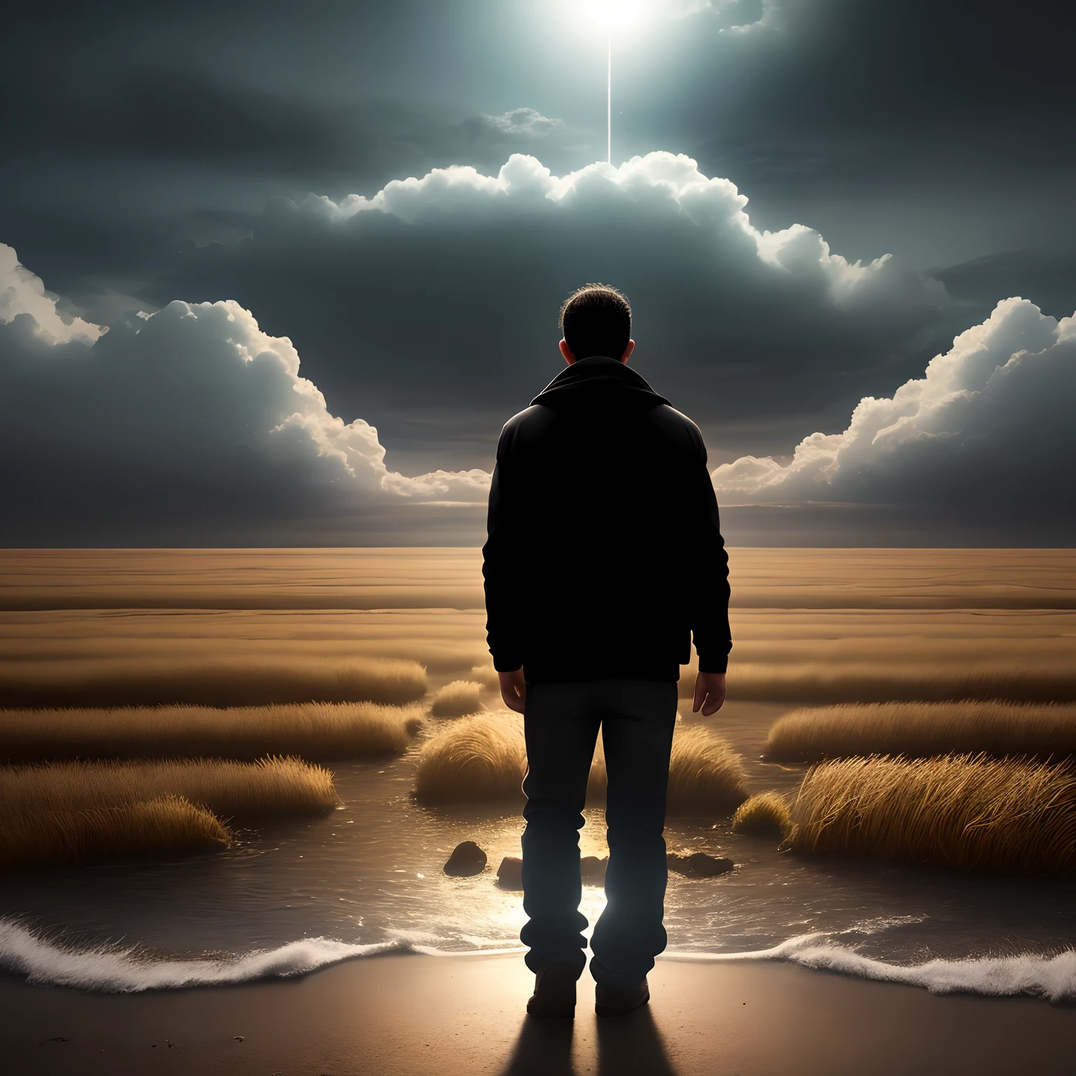 Hombre llorando en el suelo, un caos de fondo, 4k, el cielo oscuro, Looking back