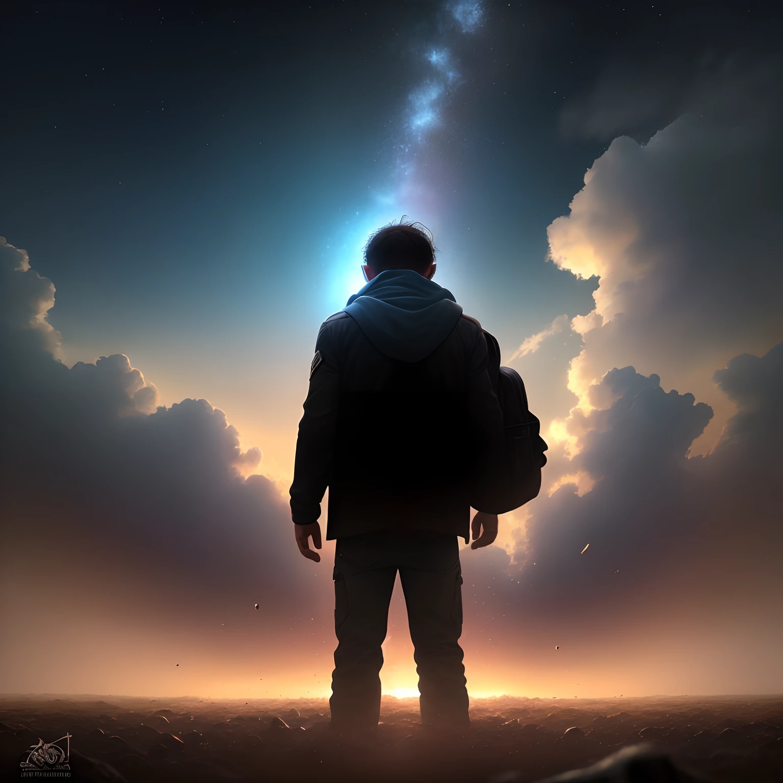 Hombre llorando en el suelo, Background destruction, 4k, el cielo oscuro, Looking back