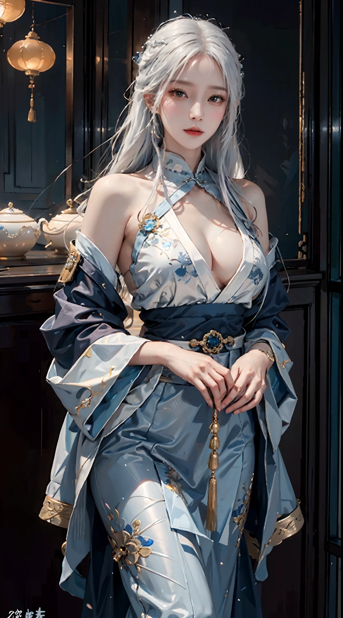 photorealistic, high resolution, soft light,1women, solo, hips up, shining skin, (detailed face), jewelry, tattoo, blue taoist hanfu, white hair, Chinese achitecture