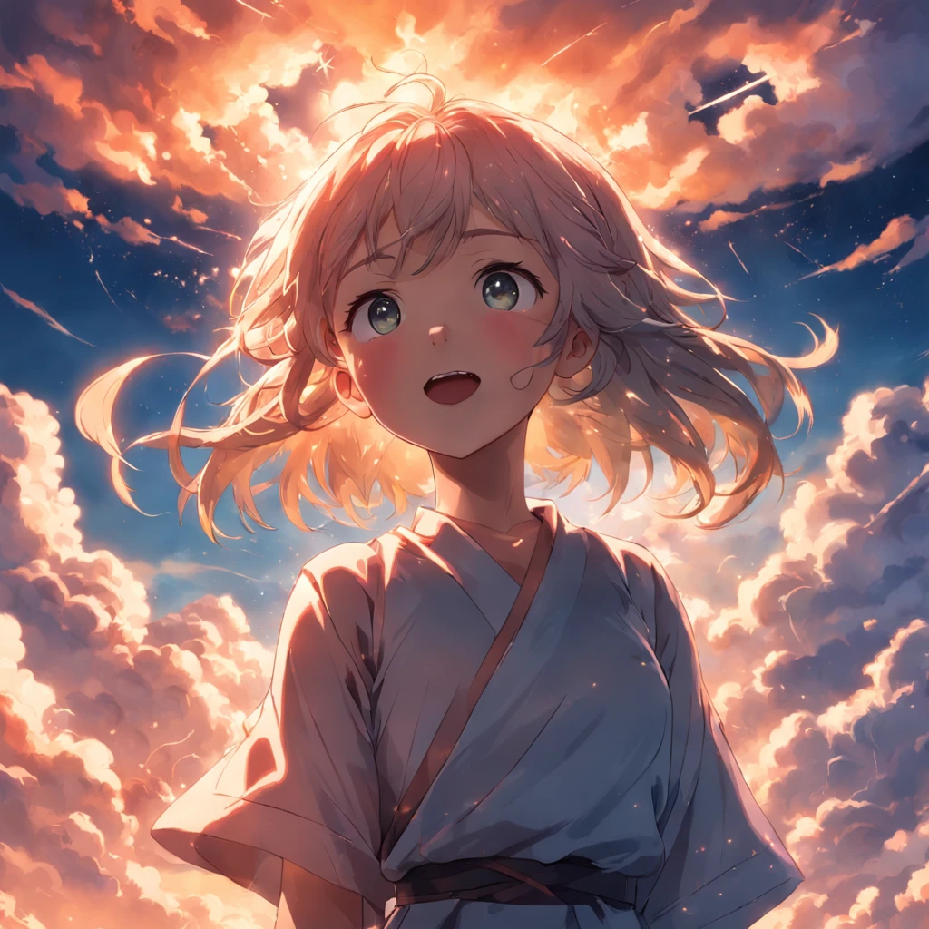 masterpiece, best quality, movie still, 1girl, cloud girl, floating in the sky, close-up, bright, happy, warm soft lighting, sunset, (sparks:0.7)