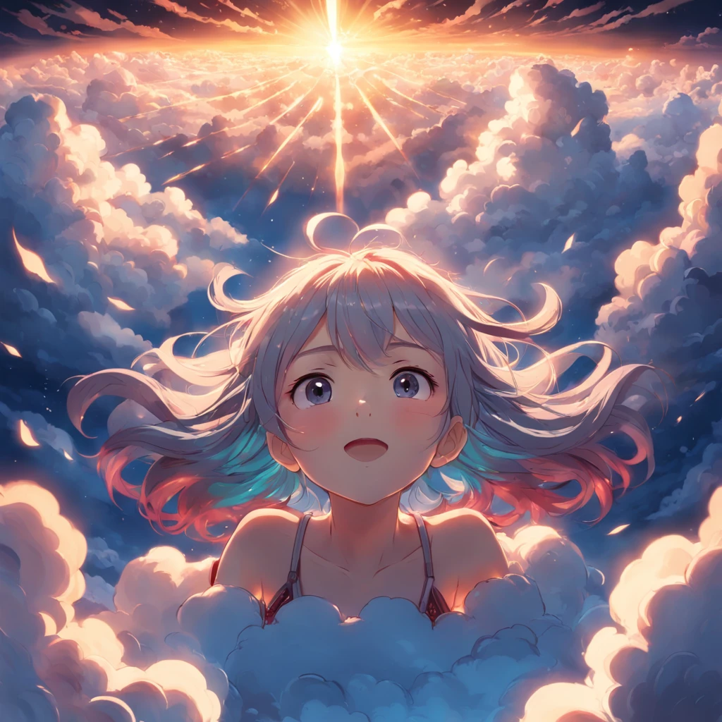 masterpiece, best quality, movie still, 1girl, cloud girl, floating in the sky, close-up, bright, happy, warm soft lighting, sunset, (sparks:0.7)