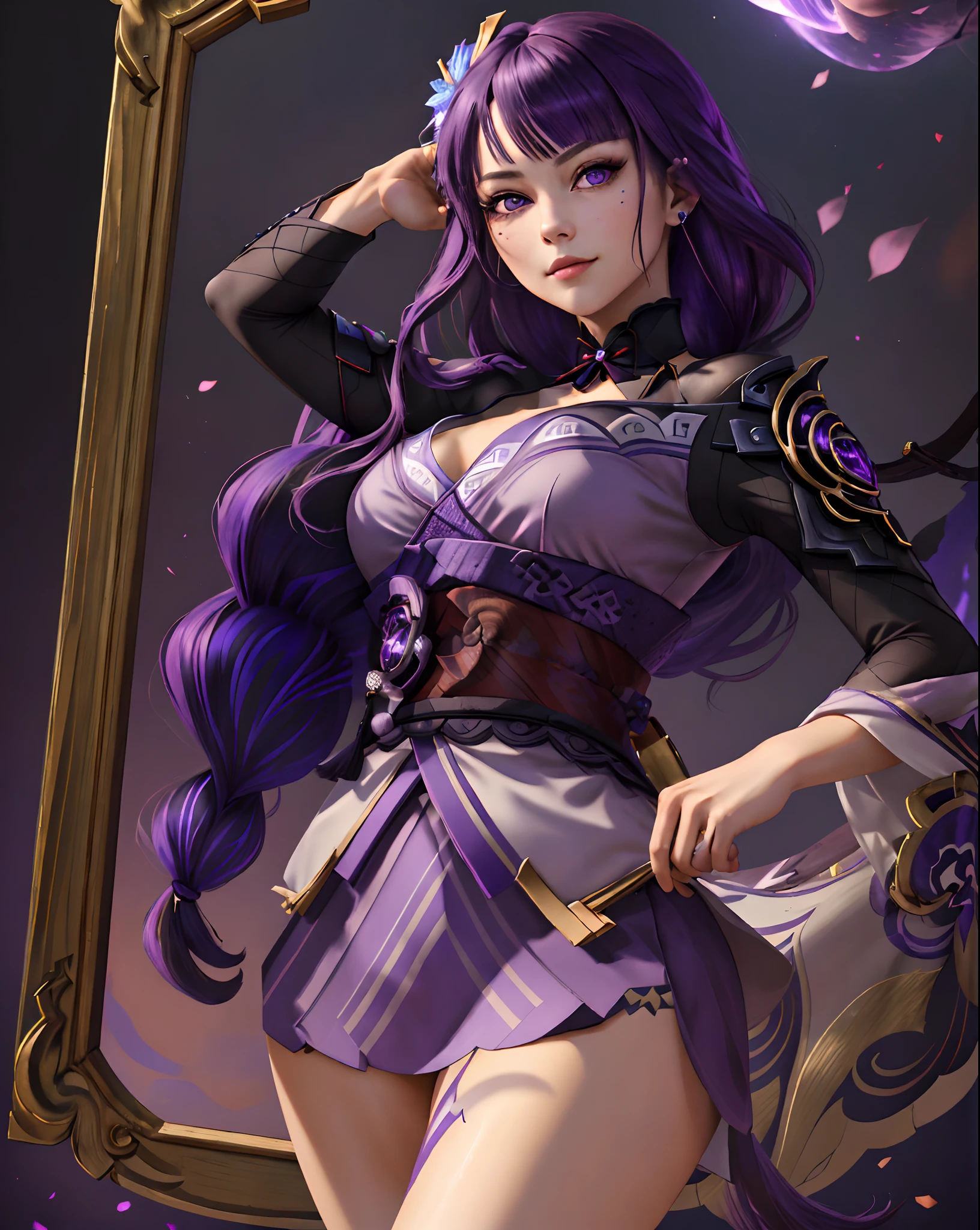 ((masterpiece, 8k, best quality)), ((high detail)), 1girl, ((ultra-detailed)),((delicate face)), Beautiful detailed eyes, gradient hair,hairs between eyes, GSHead,1girl ,solo,purple hair,genshin_impact, black_background,look at viewer, from below, dominant, smirk