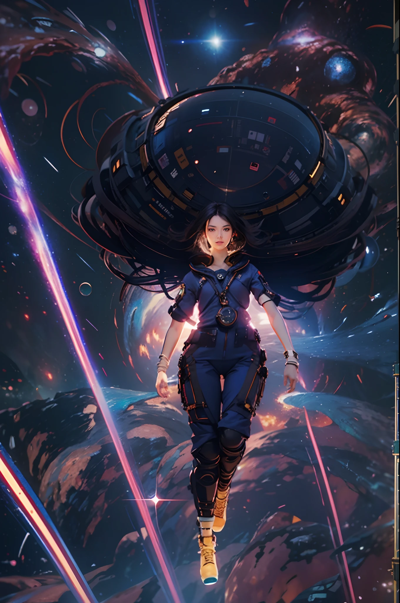 portrait of a black-haired young woman in zero gravity, the backdrop of the milky way and a supermassive black hole as background