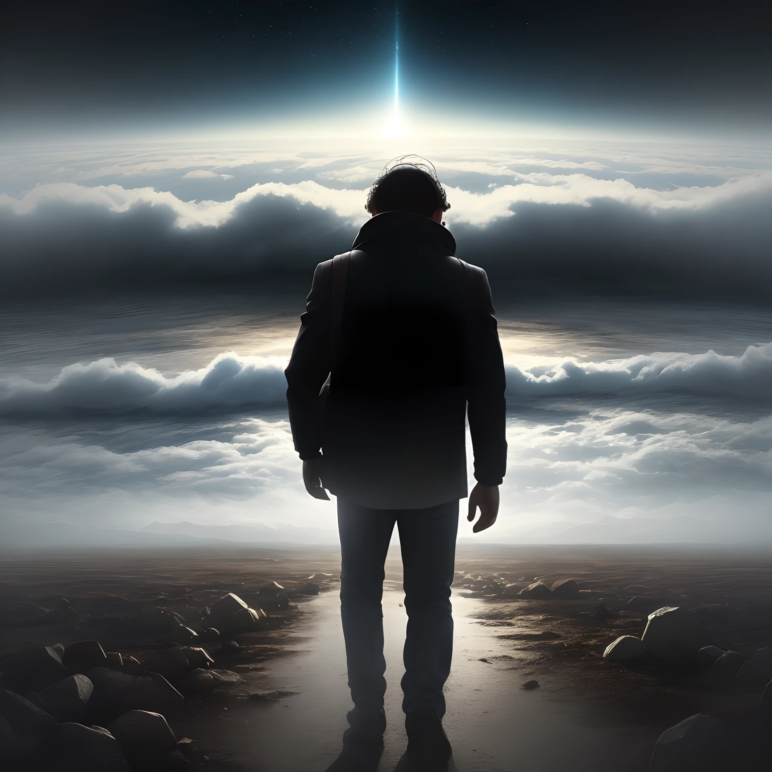 Hombre llorando en el suelo, Background destruction, 4k, el cielo oscuro, Looking back