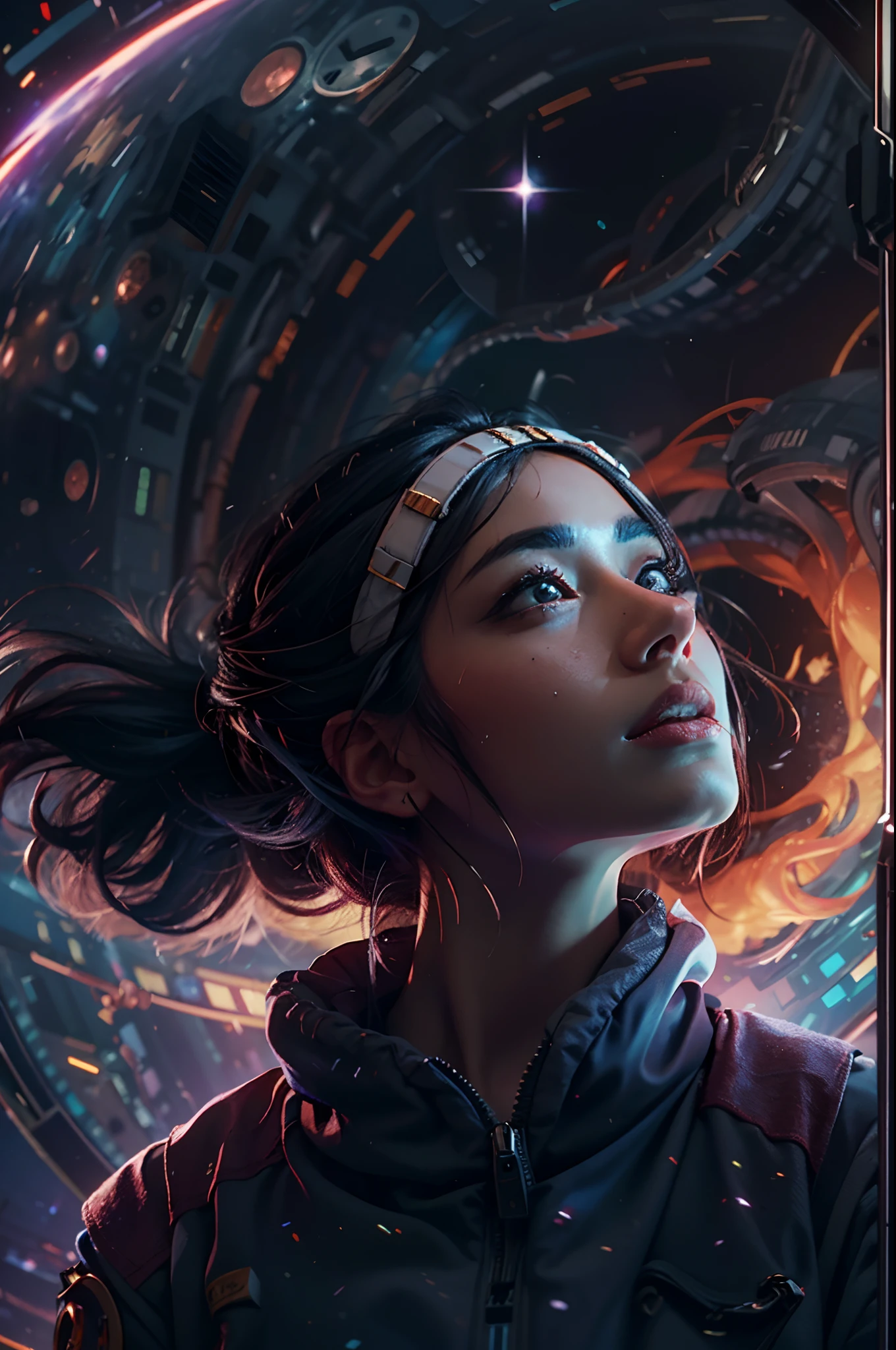 portrait of a black-haired young woman in zero gravity, the backdrop of the milky way and a supermassive black hole as background