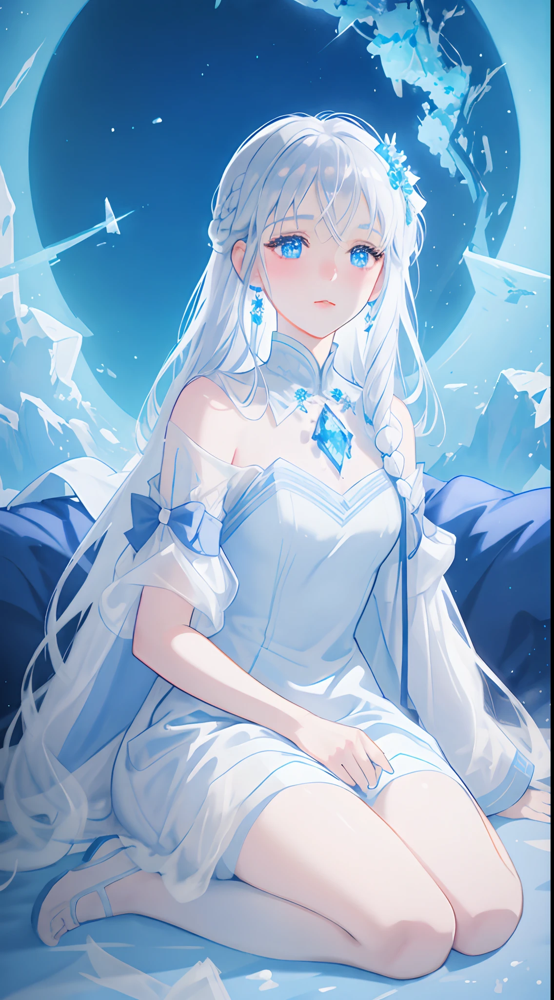 (masterpiece), (illustration), (best quality), (cinematic), 8K, (artstation), Li Yue style.
 (1 girl with long silver hair and blue eyes), (sitting down) (white flowing dress with blue accents) [beautiful delicate face] [ice blue skin] [+ice body parts] [ice particles] [scenery dark crystalline] [lighting] [ethereal atmosphere]:1.1 [fantasy, short story] [book story style] [soft lighting] [whimsical feel]:0.8 [+cinematic shot]:1.2 [+artstation] [+luminescent blue backdrop] [+soft lighting] [soft glow] [creative and dynamic angles]:1.3, [+crystal toning] [+octane rendering] [+professional post-production ] [+octane rendering] [+tones and lighting and contrast/ +ghibli style/+style] [Fujifilm XT3 film]