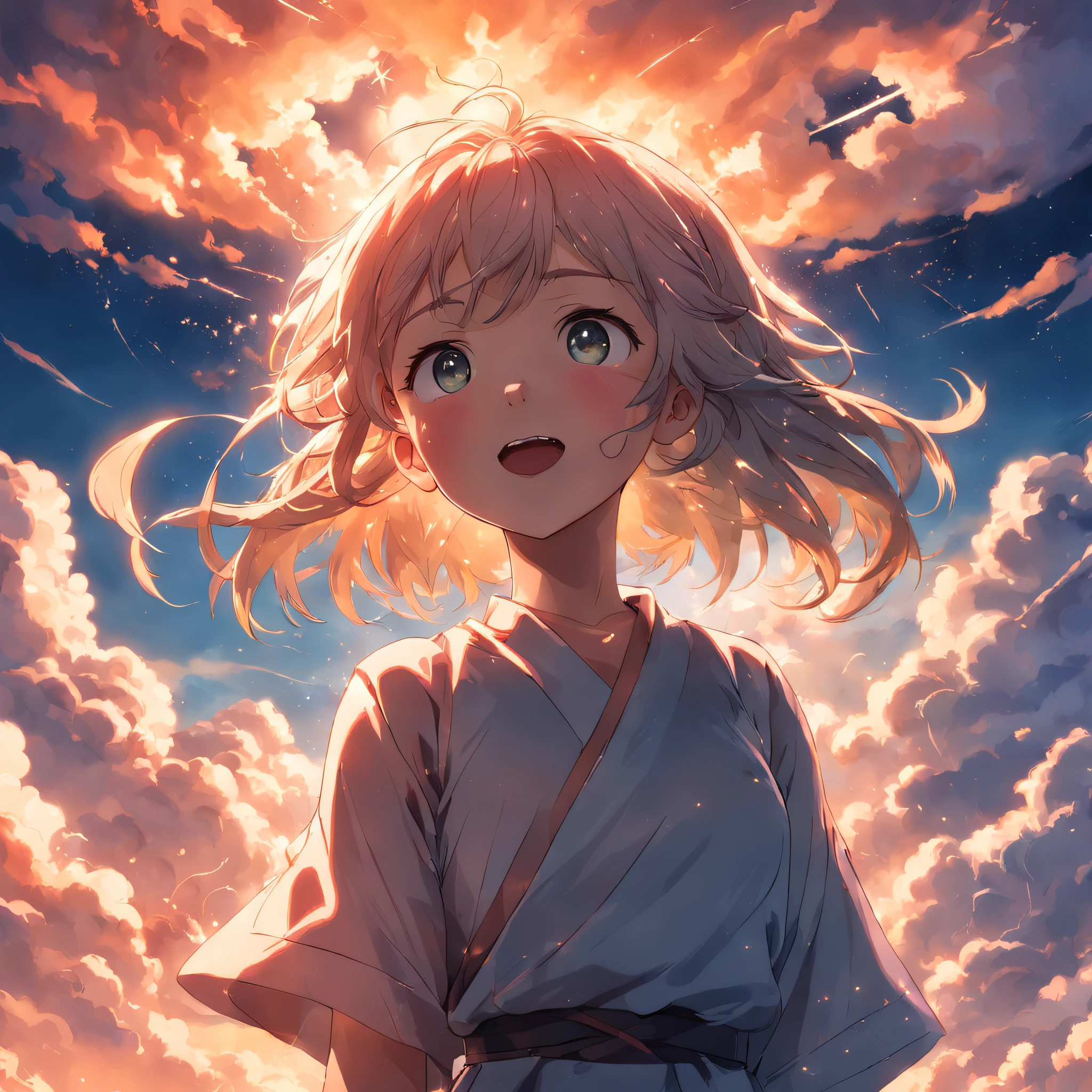masterpiece, best quality, movie still, 1girl, cloud girl, floating in the sky, close-up, bright, happy, warm soft lighting, sunset, (sparks:0.7)