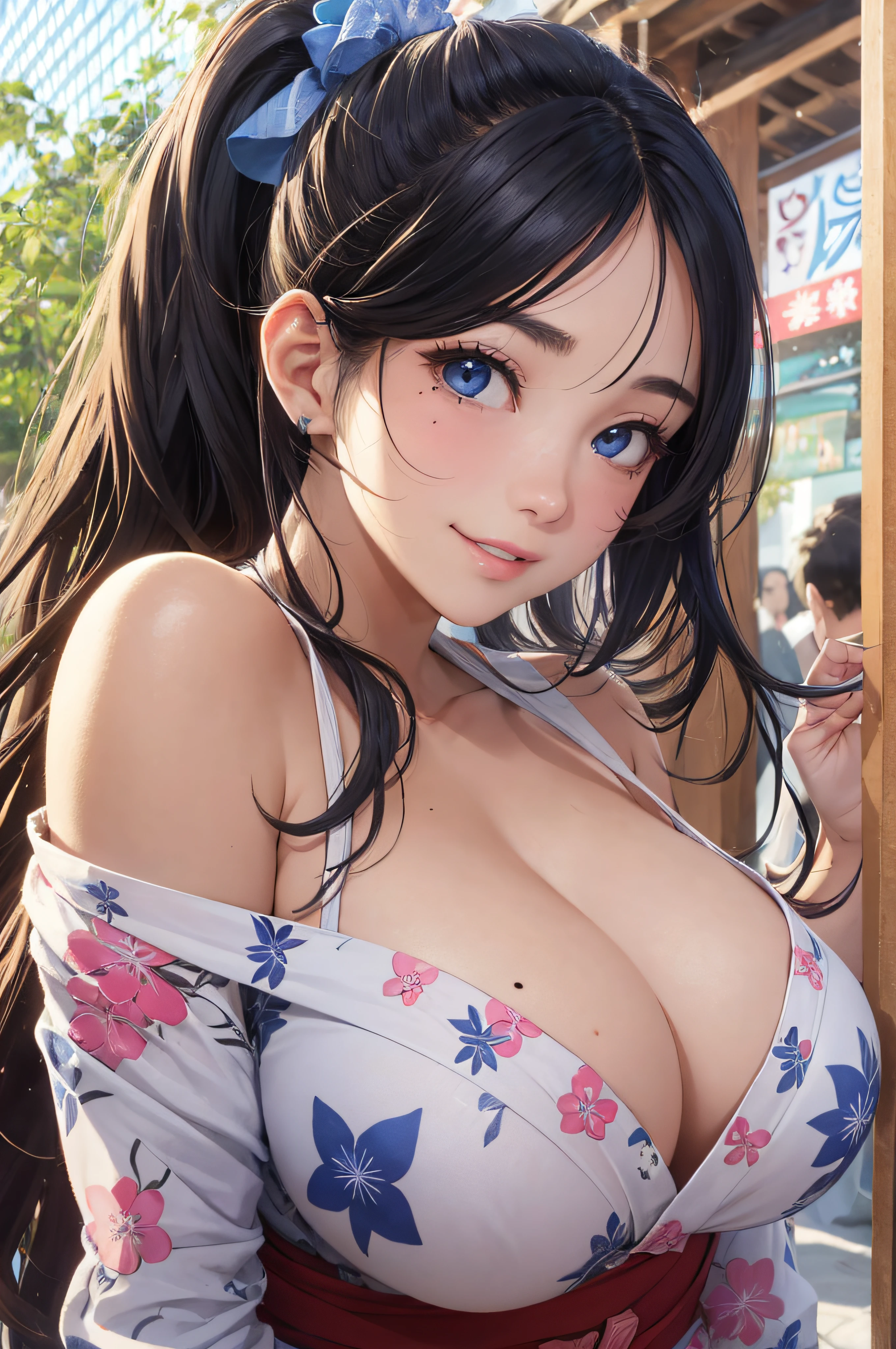 8K picture quality、top-quality、masutepiece、An ultra-high picture quality、ultra-detailliert、Ultra-realistic hair quality、Vibrant colors、Beautuful Women、Beautiful long hair、Shiny hair、detailed hairs、Blue Mesh、poneyTail、Blue eyes、Mole in the corner of the mouth、shinny skin、Lace underwear、One mole in the valley、large pectoral muscles、Very gigantic-breasts、Sweat on the forehead and cheeks、extremely big ass、Fluffy off-shoulder yukata、A smile、soft pink lips、Ultra-realistic flesh feeling、Red cheeks、summer festival in background