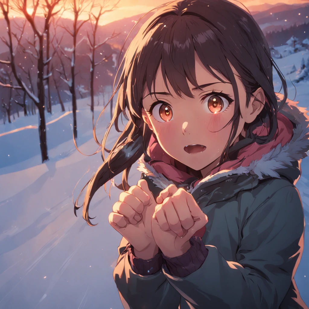 obra-prima, melhor qualidade, filme ainda, 1girl, garota, escalando uma montanha no inverno, profundidade, hands above face because of the blizzard, close-up, brilhante, feliz, Soft lighting and Warm, sun sunset, (Sparks: 0,7)