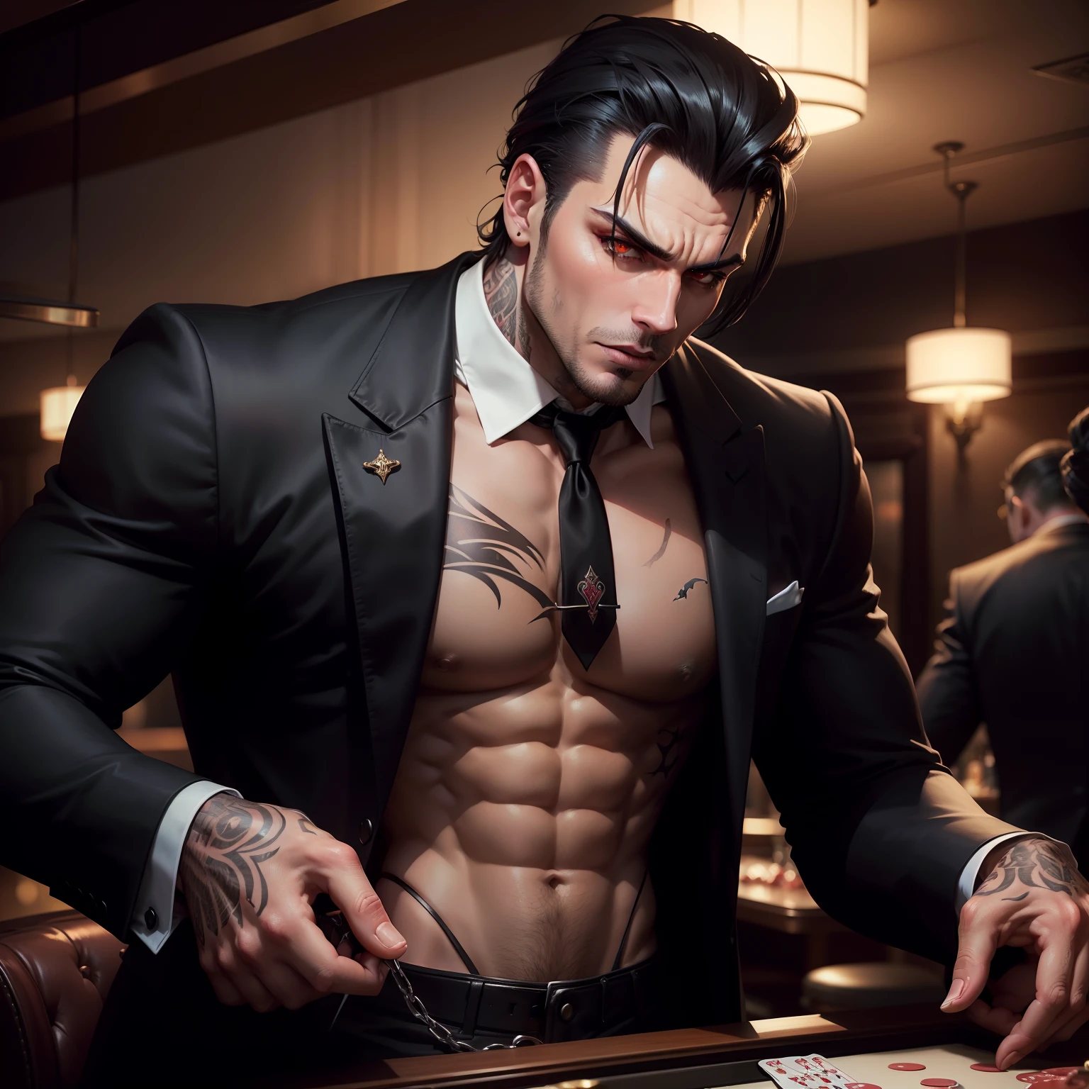 Mafia Noir Casino Gambling Bar Vampire Dominant Alpha Sexy Cute Demon Adult Man with Big Chest Tattoos Slicked Abs