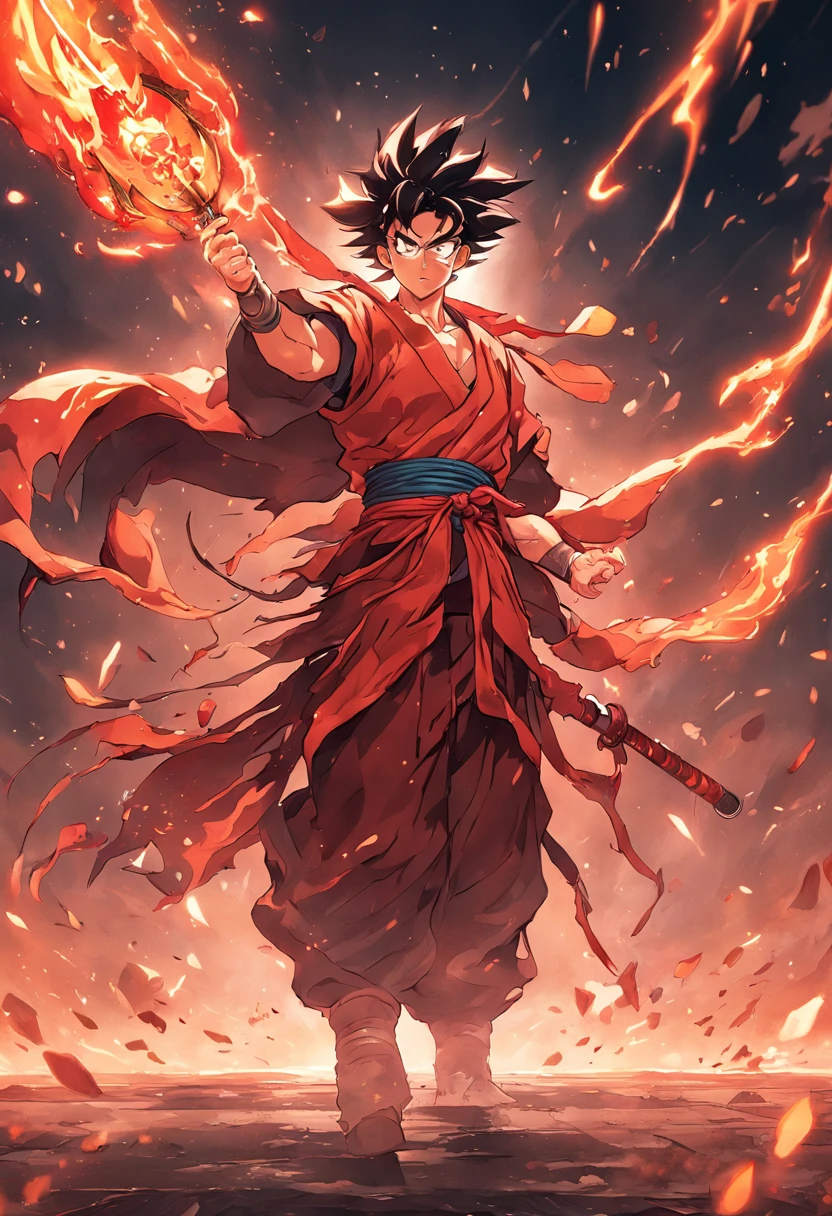 goku as chinese warrior in red battle robes, Dynasty Warrior style, elaborately ornate cgi anime style, luffy, 8k highly detailed digital effect fantasy, cgsociety 9, epic digital art illustration, and mumford and alex gray style, bioluminent