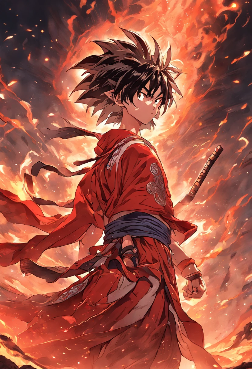 goku as chinese warrior in red battle robes, Dynasty Warrior style, elaborately ornate cgi anime style, luffy, 8k highly detailed digital effect fantasy, cgsociety 9, epic digital art illustration, and mumford and alex gray style, bioluminent