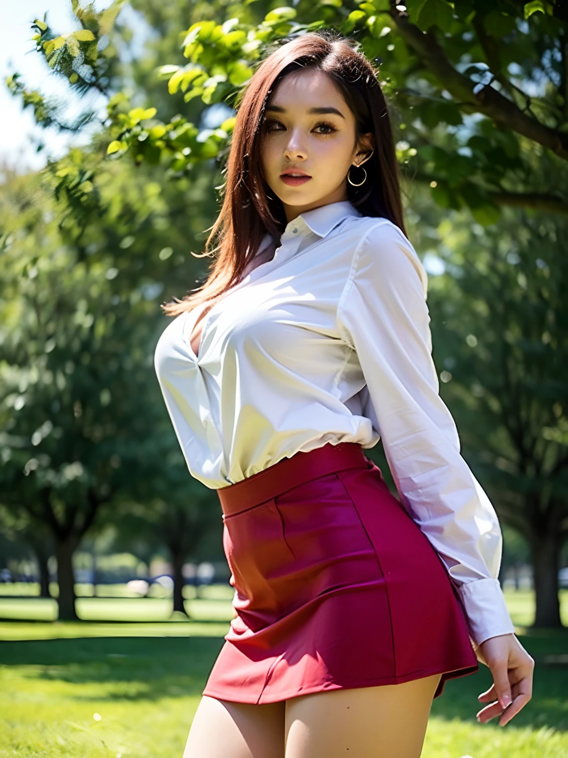 (Upper body), (18 years old girl), big breast, red hair, mini skirt, in the park