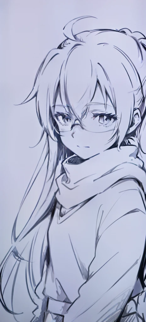 Draw a girl with glasses and a scarf, 2 d anime style,anime sketch, flat anime style shading, , in an anime style, half-body portrait, no shade, thick outline, inspirado em Okumura Masanobu, sketchy artstyle, as an anime character，Wearing a white cotton skirt and a pair of lace white socks，There is a "hellokitty" hairpin pinned to his long hair