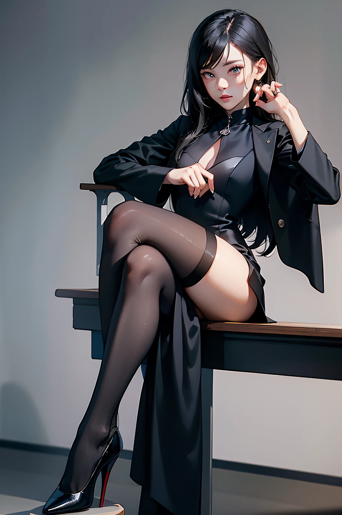 Woman in black dress and high heels sitting on table，wearing a strict business suit, thighhighs and skirt, elegant glamourous cosplay, On a table, office clothes, wearing black uniform, wearing a strict business suit, Range Murata and Artgerm, wearing a black noble suit, sexy dominant pose, trending at cgstation, trending on cgstation, tight attire，A grim face